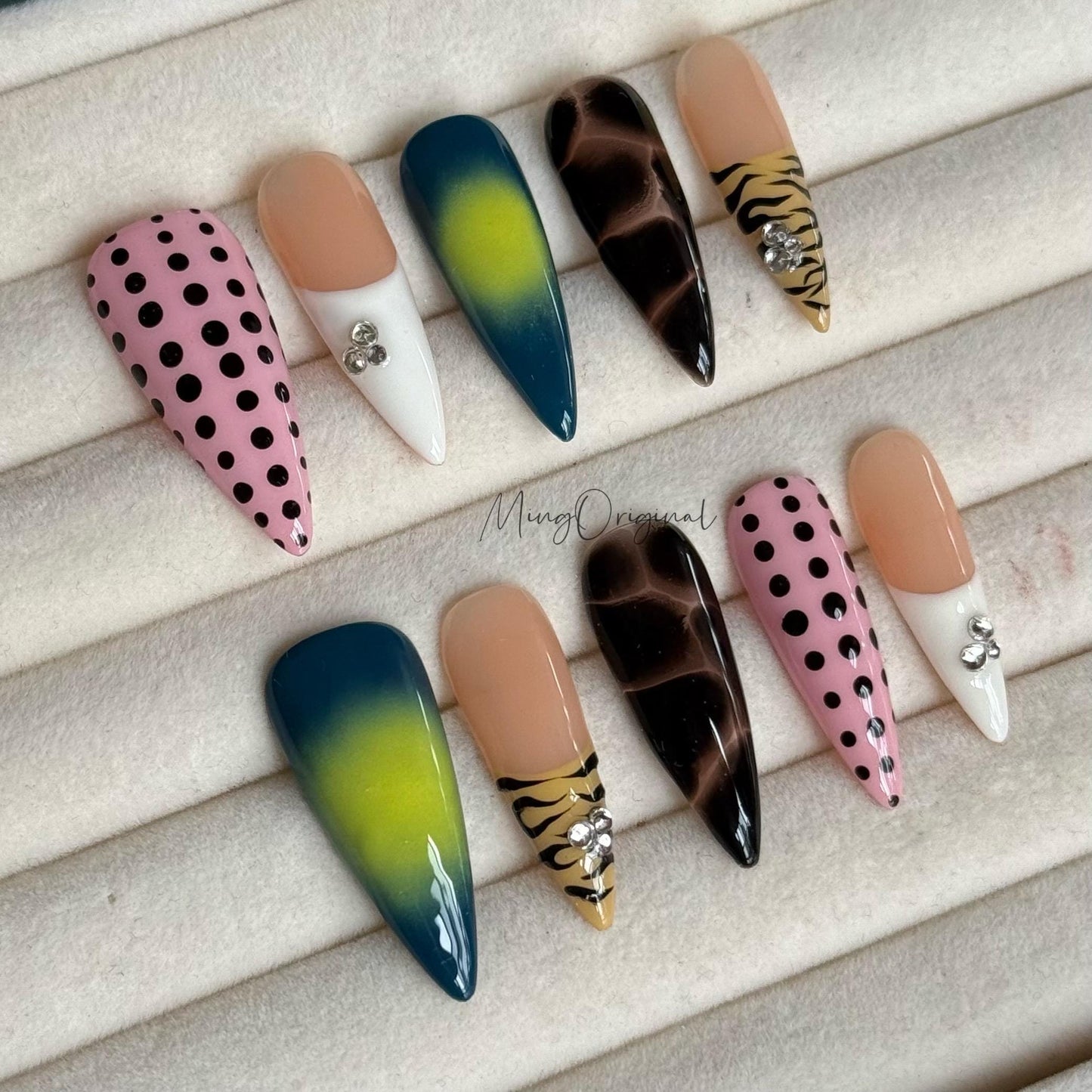 Wild Pop |  Animal print, neon ombré, pink polka dots, brown marble, rhinestones colorful summer vibe nails, vacation gift for her MO483