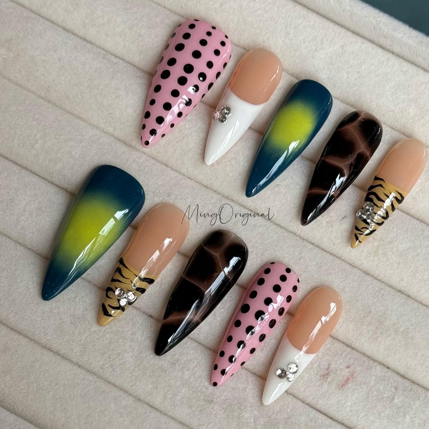 Wild Pop |  Animal print, neon ombré, pink polka dots, brown marble, rhinestones colorful summer vibe nails, vacation gift for her MO483
