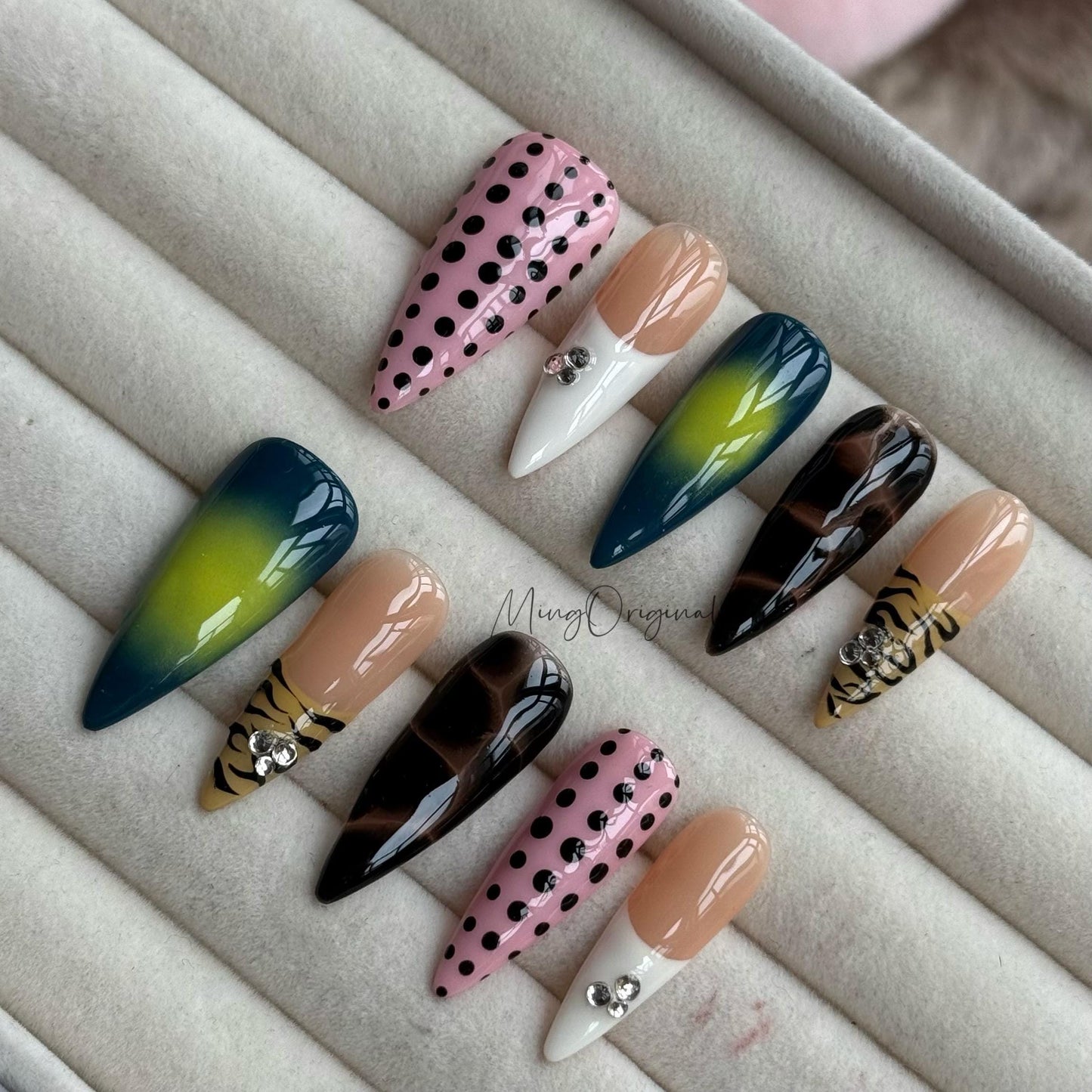 Wild Pop |  Animal print, neon ombré, pink polka dots, brown marble, rhinestones colorful summer vibe nails, vacation gift for her MO483