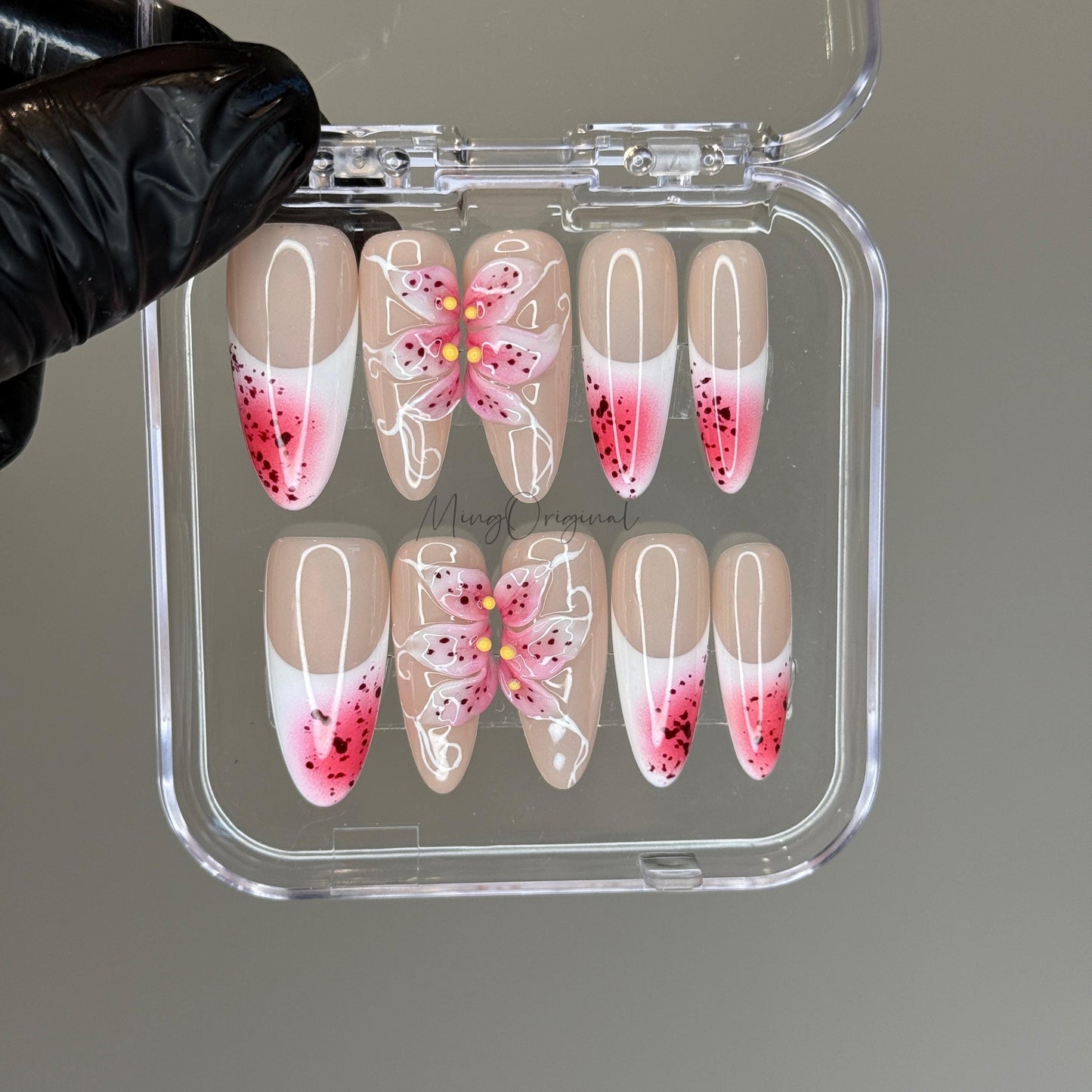 Pink Bloom | 3D pink lily flower press on nails,watermelon pink airbrush French ombré, fairycore floral design, vacation gift for her MO484