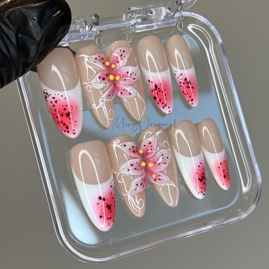 Pink Bloom | 3D pink lily flower press on nails,watermelon pink airbrush French ombré, fairycore floral design, vacation gift for her MO484