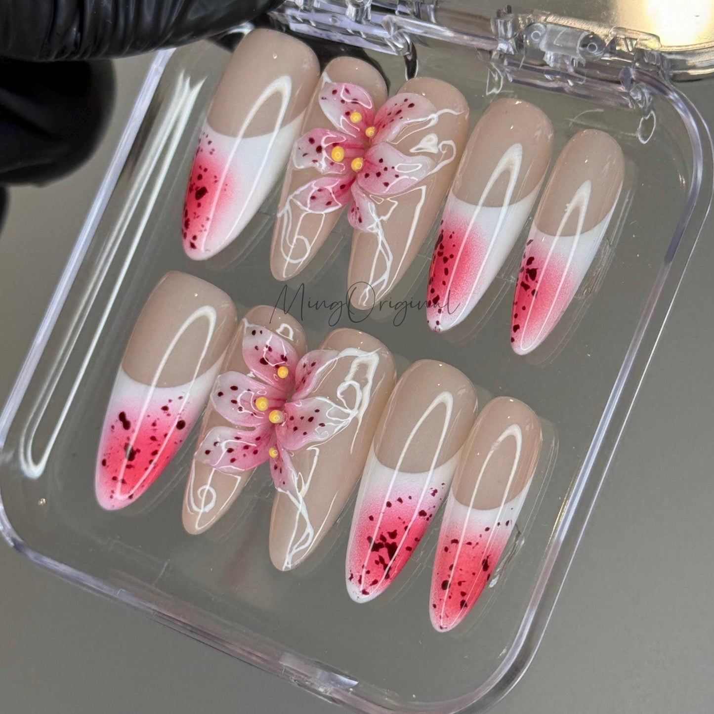 Pink Bloom | 3D pink lily flower press on nails,watermelon pink airbrush French ombré, fairycore floral design, vacation gift for her MO484