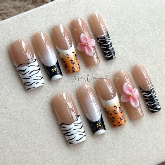 Wild Garden | Animal print press on nails, zebra leopard mix, 3D flower nail art, nude base, black and white design vacation gift MO 485