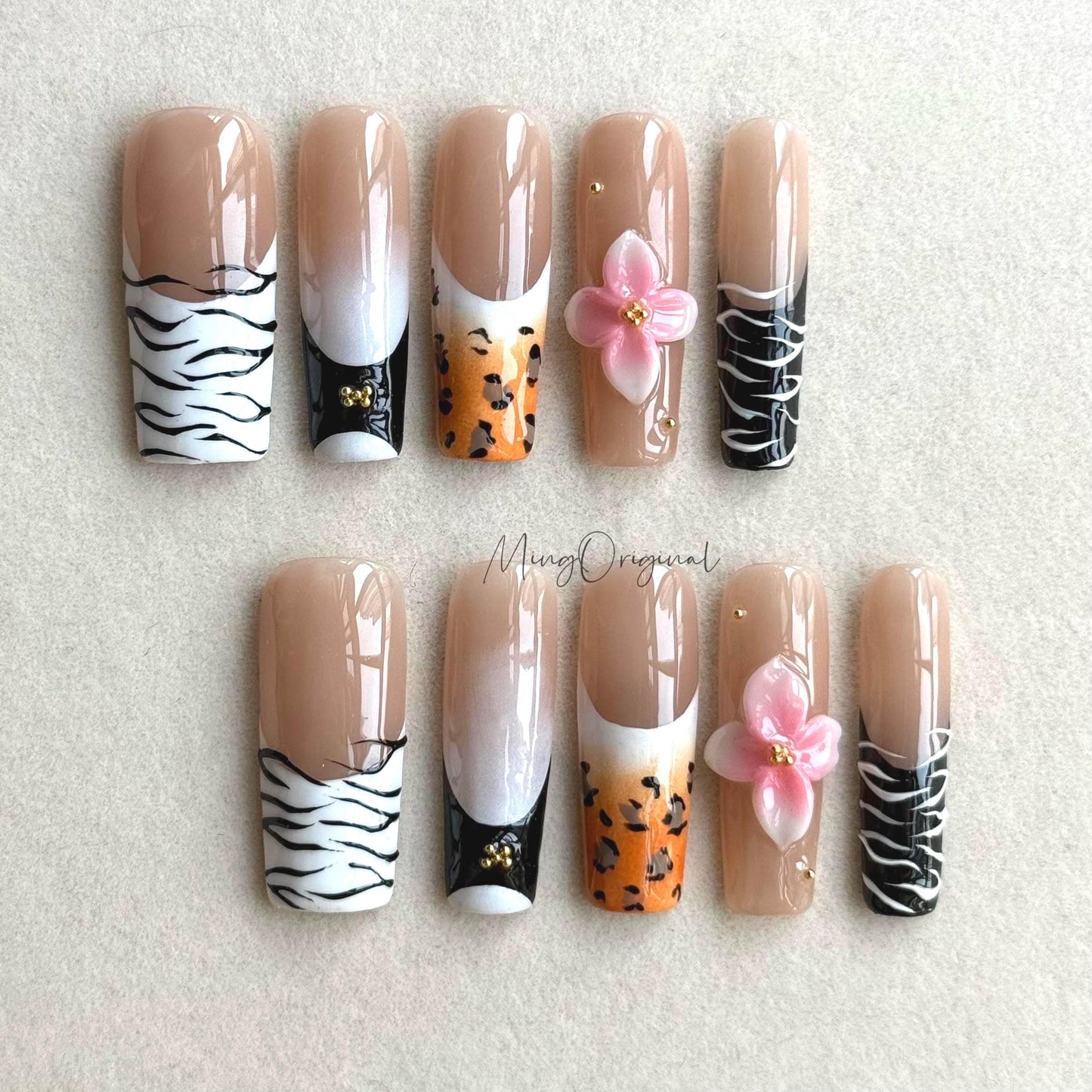Wild Garden | Animal print press on nails, zebra leopard mix, 3D flower nail art, nude base, black and white design vacation gift MO 485