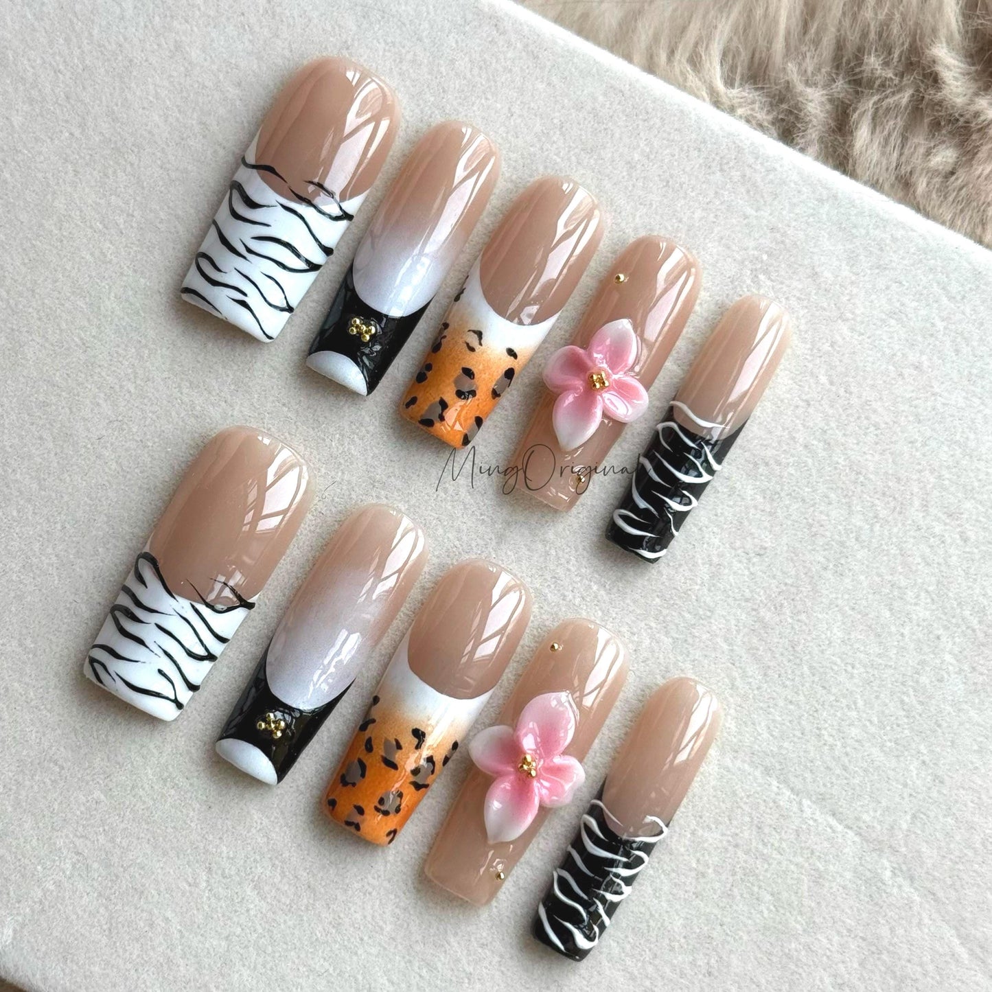 Wild Garden | Animal print press on nails, zebra leopard mix, 3D flower nail art, nude base, black and white design vacation gift MO 485