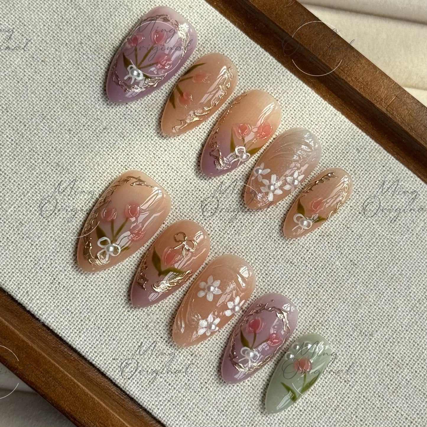 Pink Tulip Dreams | 3D Floral Press On Nails with Purple Ombre Tips and Hand-Painted Tulip Designs in Gold Detail Frame, gift for her MO486
