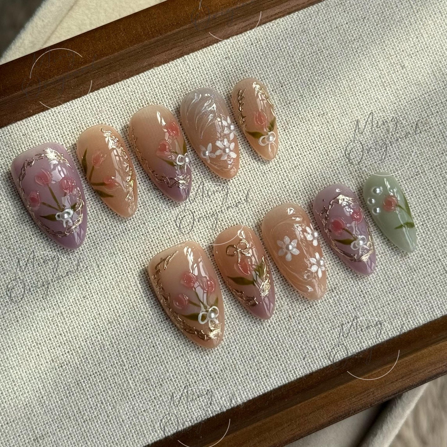 Pink Tulip Dreams | 3D Floral Press On Nails with Purple Ombre Tips and Hand-Painted Tulip Designs in Gold Detail Frame, gift for her MO486