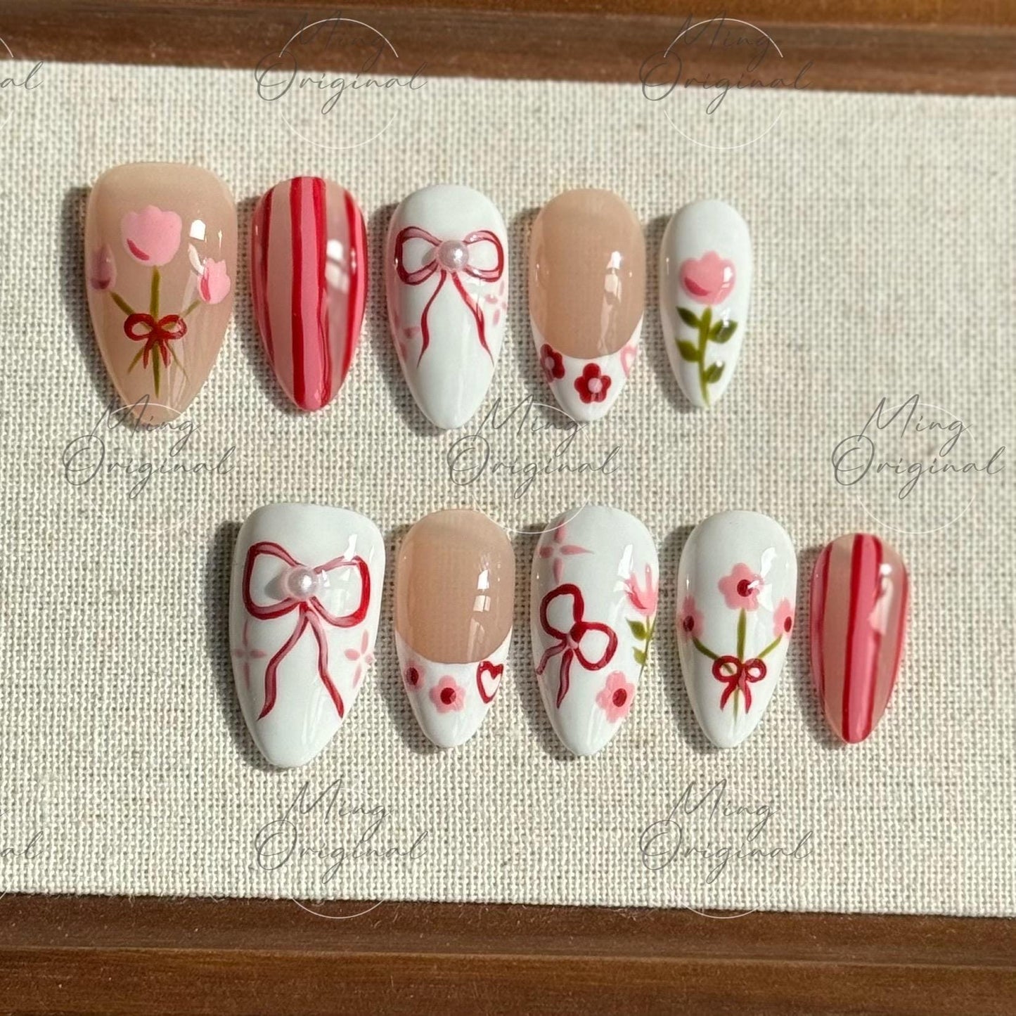 Sweet Tulip Garden | Floral press on nails, red bow nail art, pink flower designs, hand-painted, white and nude mix, gift for her, MO487