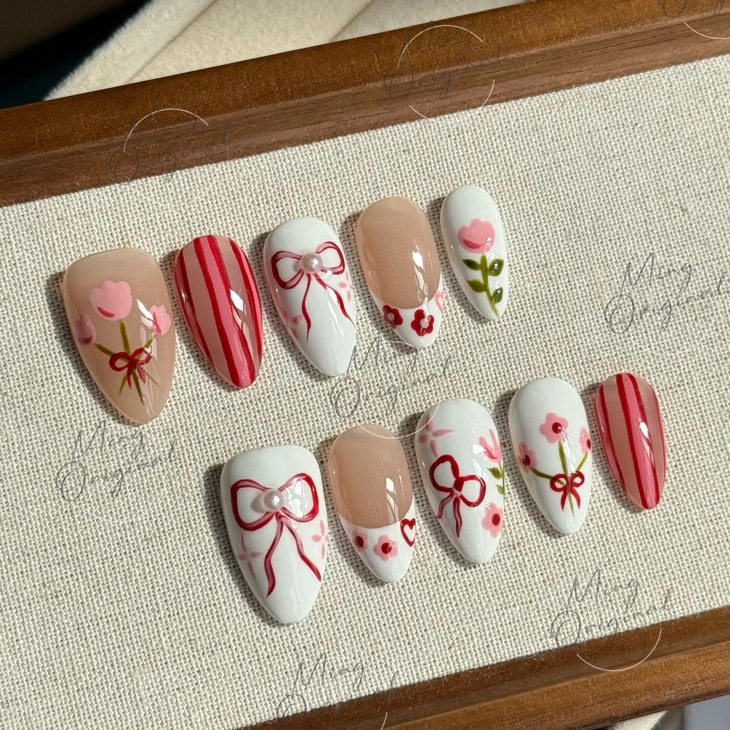 Sweet Tulip Garden | Floral press on nails, red bow nail art, pink flower designs, hand-painted, white and nude mix, gift for her, MO487