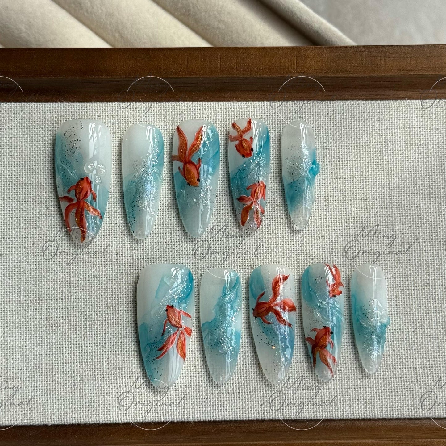 Koi Fish Press On Nails, Hand-painted water color goldfish nail art, reusable summer blue water swirl aquarium 3D nails,Vacation gift MO488