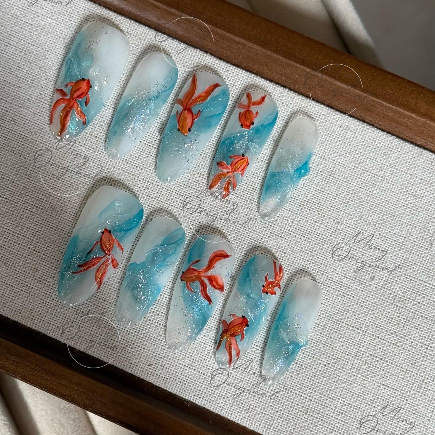 Koi Fish Press On Nails, Hand-painted water color goldfish nail art, reusable summer blue water swirl aquarium 3D nails,Vacation gift MO488