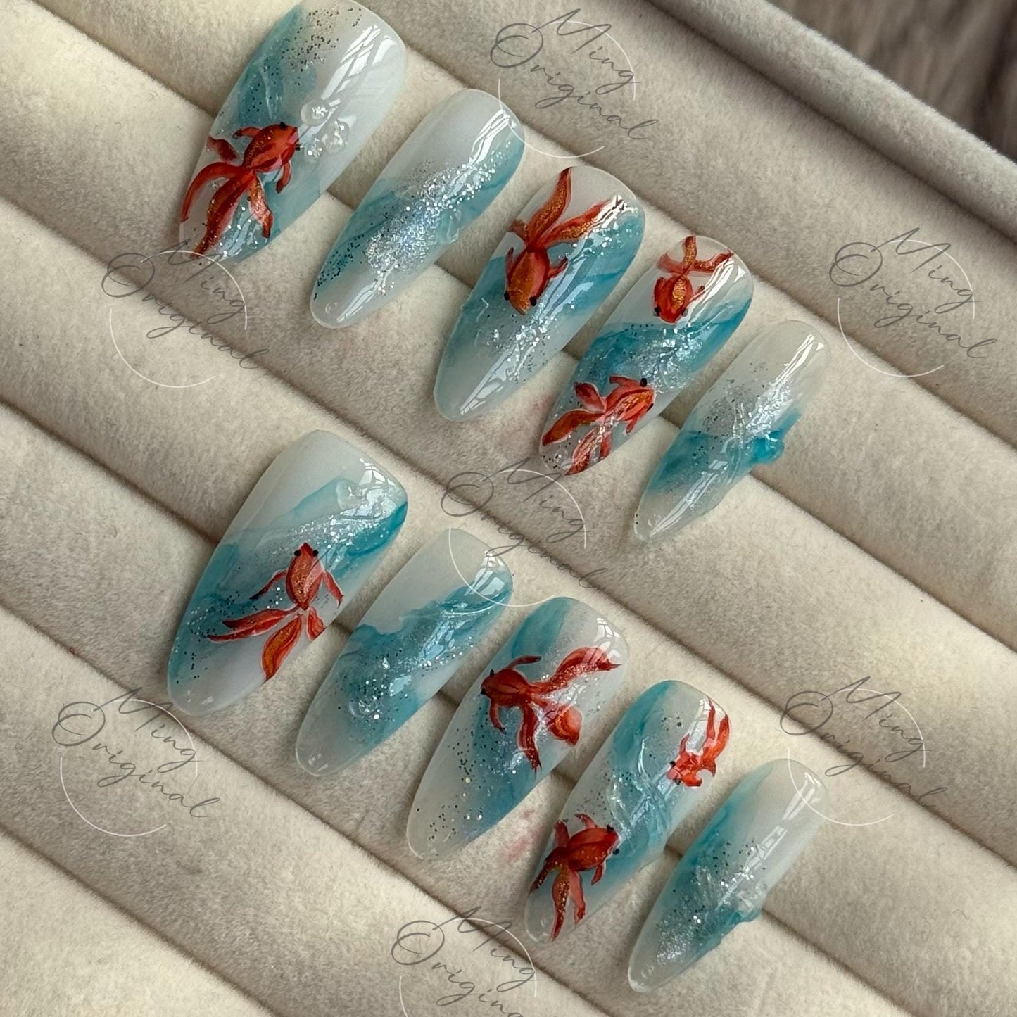 Koi Fish Press On Nails, Hand-painted water color goldfish nail art, reusable summer blue water swirl aquarium 3D nails,Vacation gift MO488