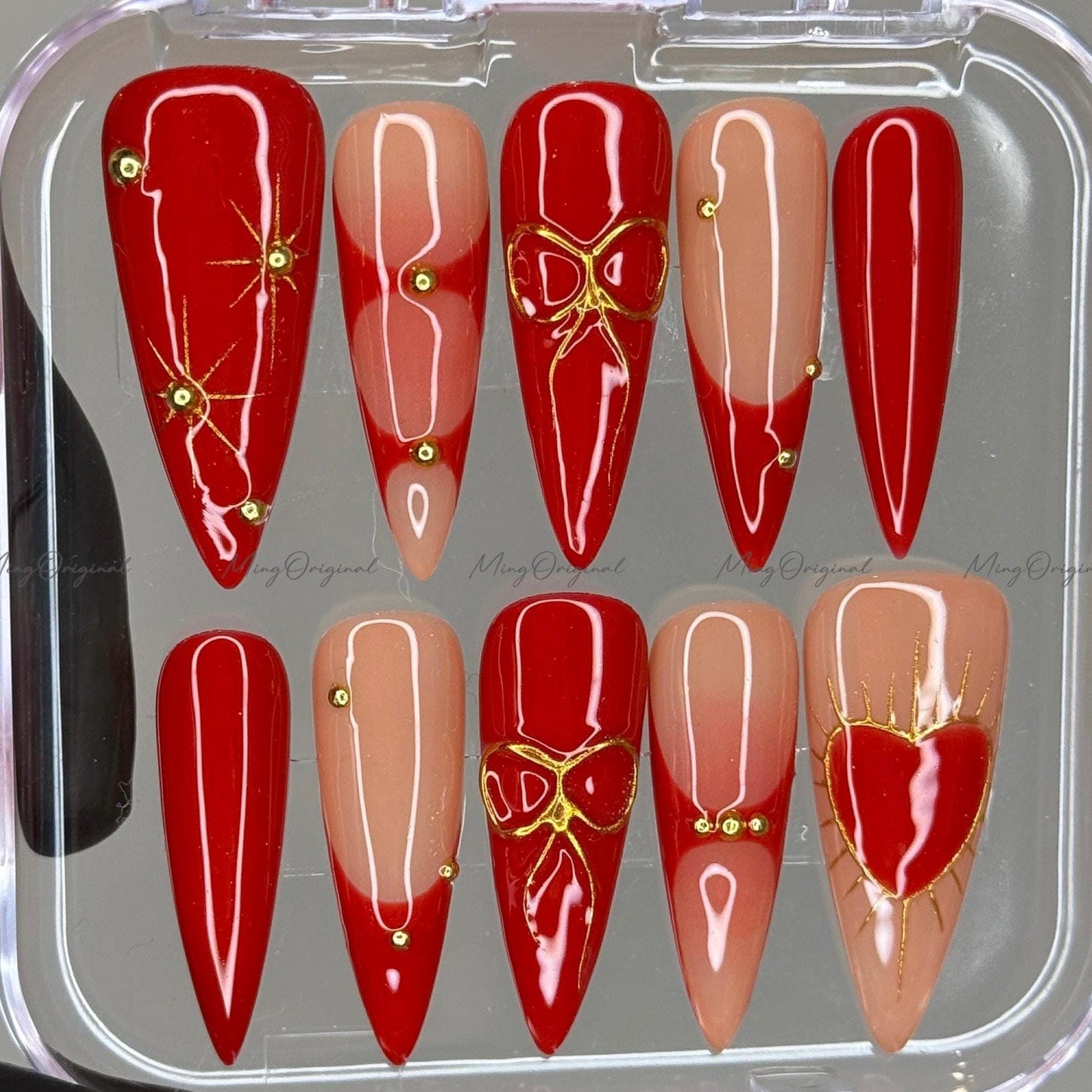 Festival romance gilded heart bow coquette Press on Nails, 3d gold detail Nails, glue on nail, birthday holiday gift for her MO388