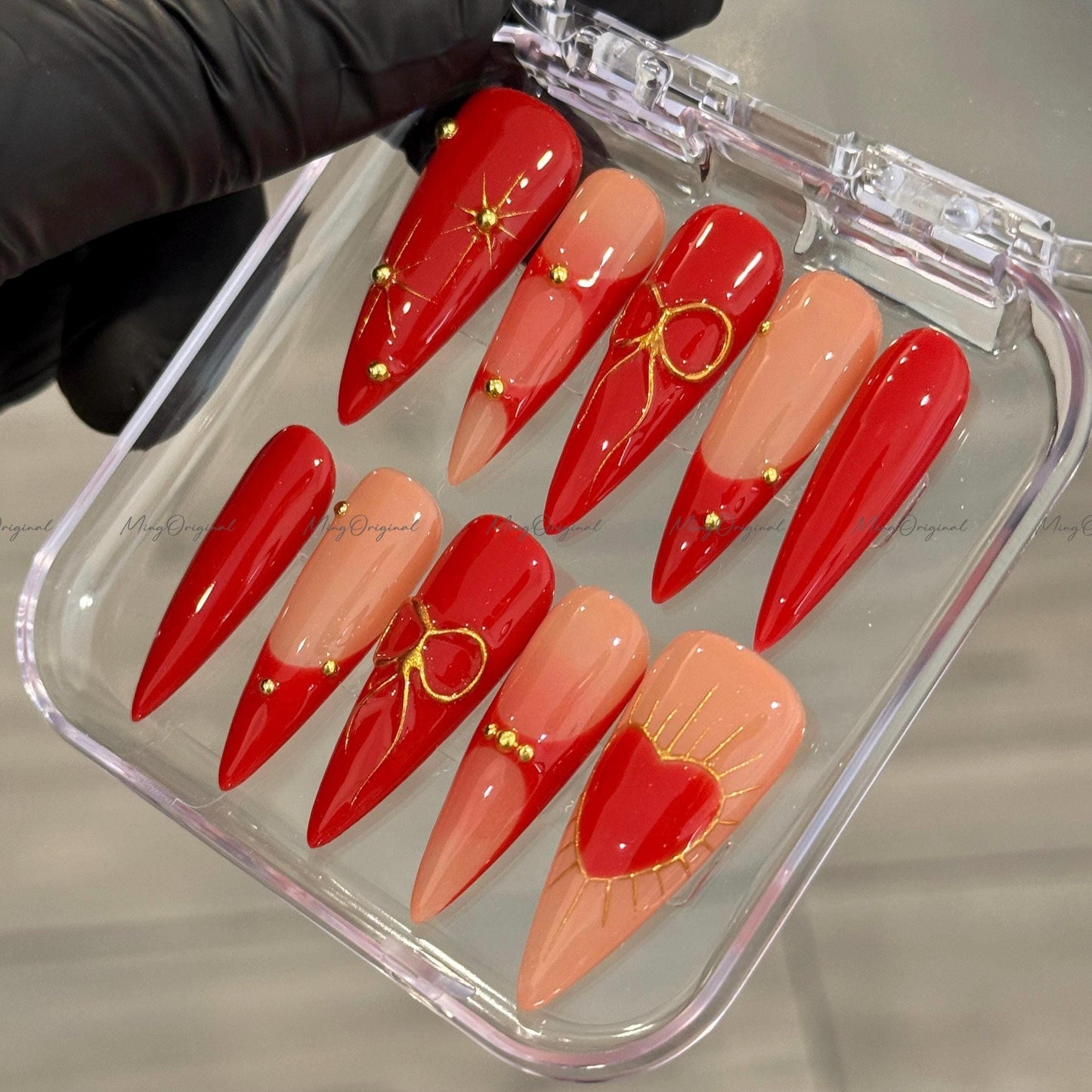 Festival romance gilded heart bow coquette Press on Nails, 3d gold detail Nails, glue on nail, birthday holiday gift for her MO388