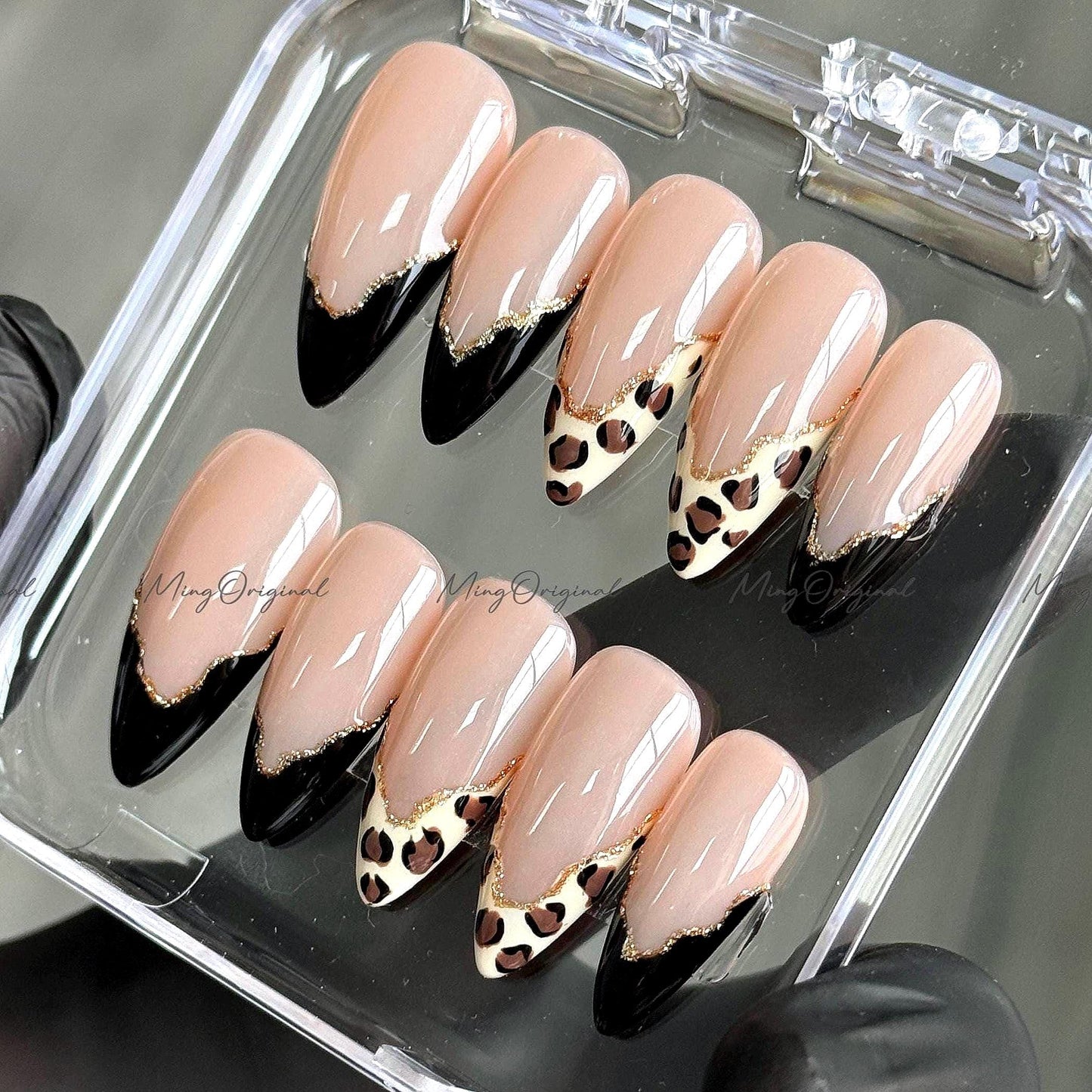 Simple Leopard Gold Line French Tip Press on Nails, animal print fake nails, black French glue on nail, holiday birthday gift for her,MO438