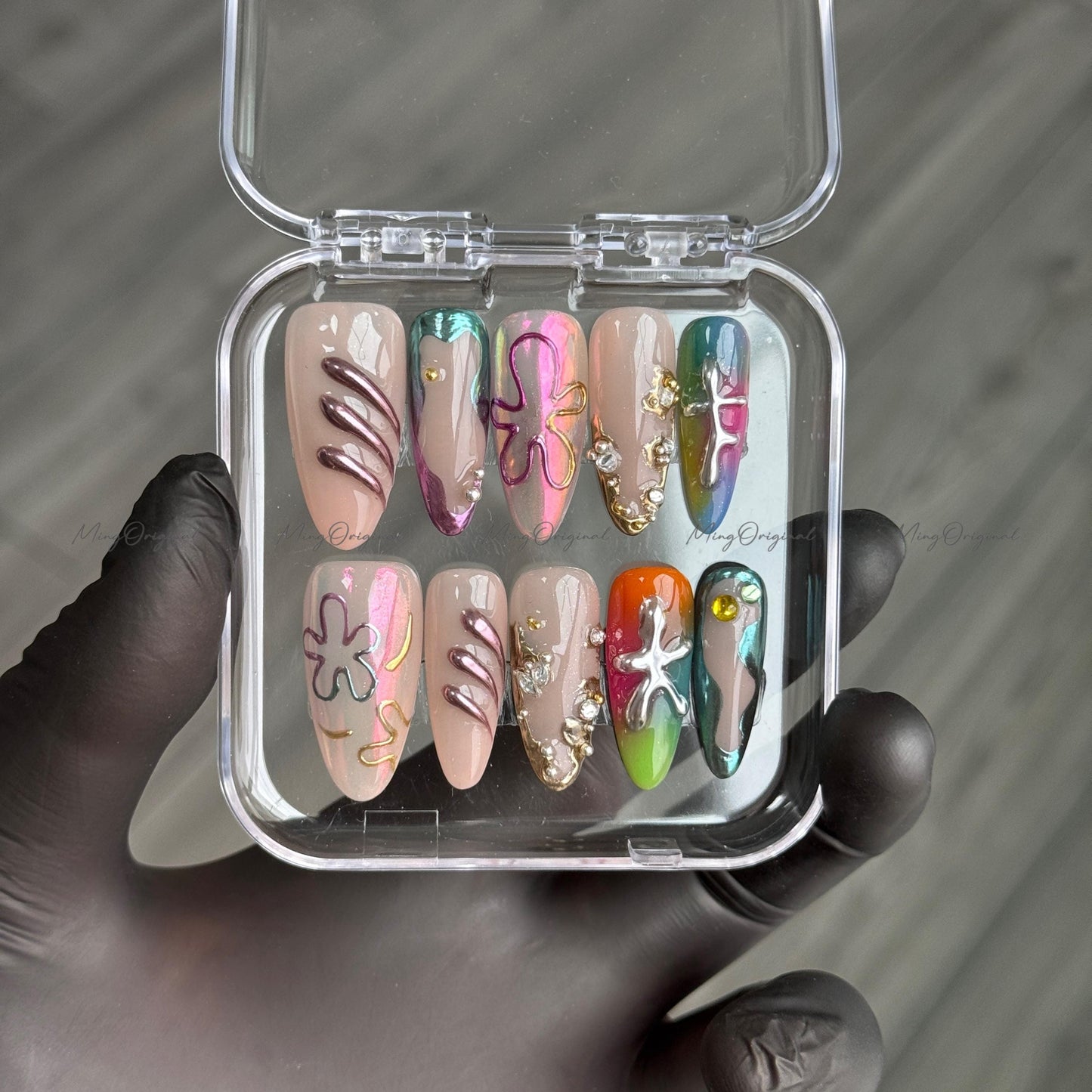 Enchanted forest mystery flower press on nail, multicolor free style chrome nail, 3d jelly fake nail, holiday birthday gift for her,MO346