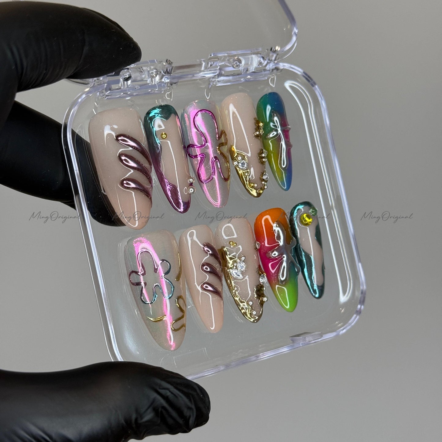 Enchanted forest mystery flower press on nail, multicolor free style chrome nail, 3d jelly fake nail, holiday birthday gift for her,MO346