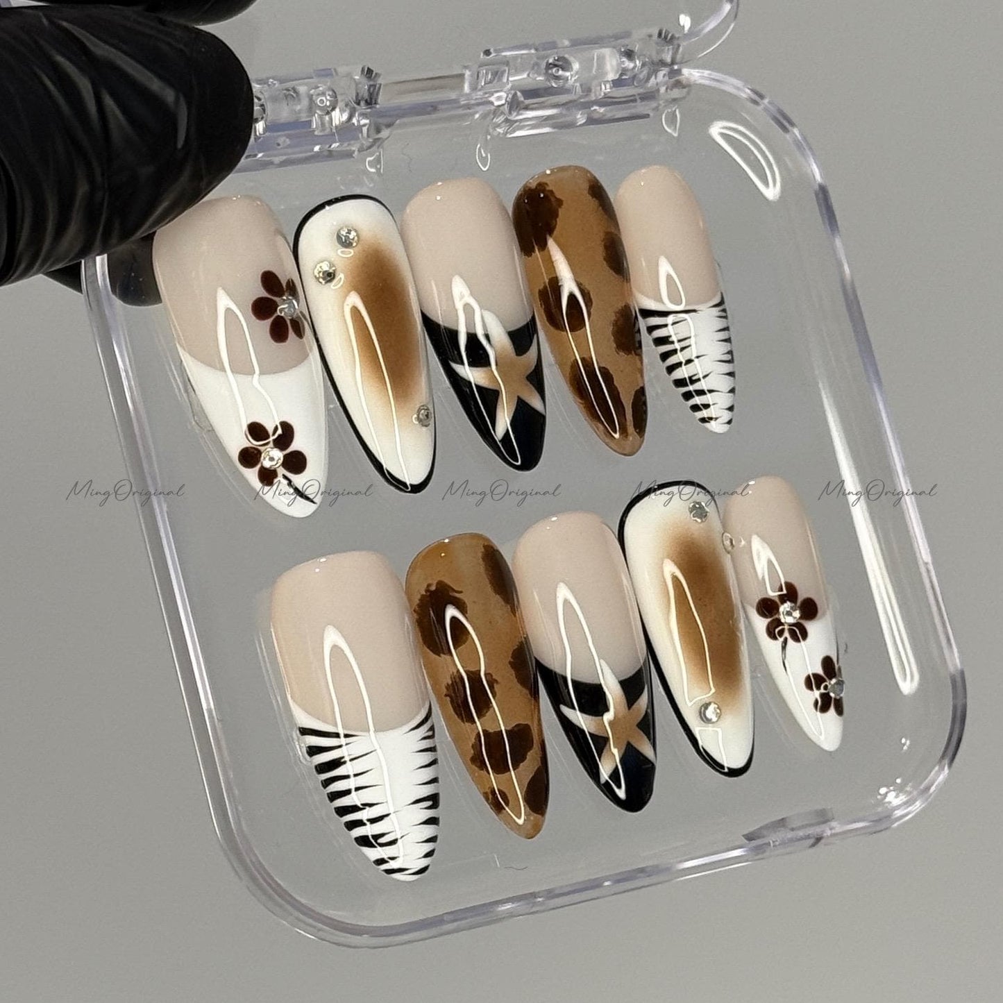 Tortoise shell and flower free style Press on Nails, animal print French tip glue on nail, holiday birthday gift for her,MO412