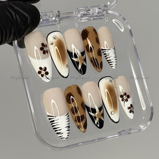 Tortoise shell and flower free style Press on Nails, animal print French tip glue on nail, holiday birthday gift for her,MO412