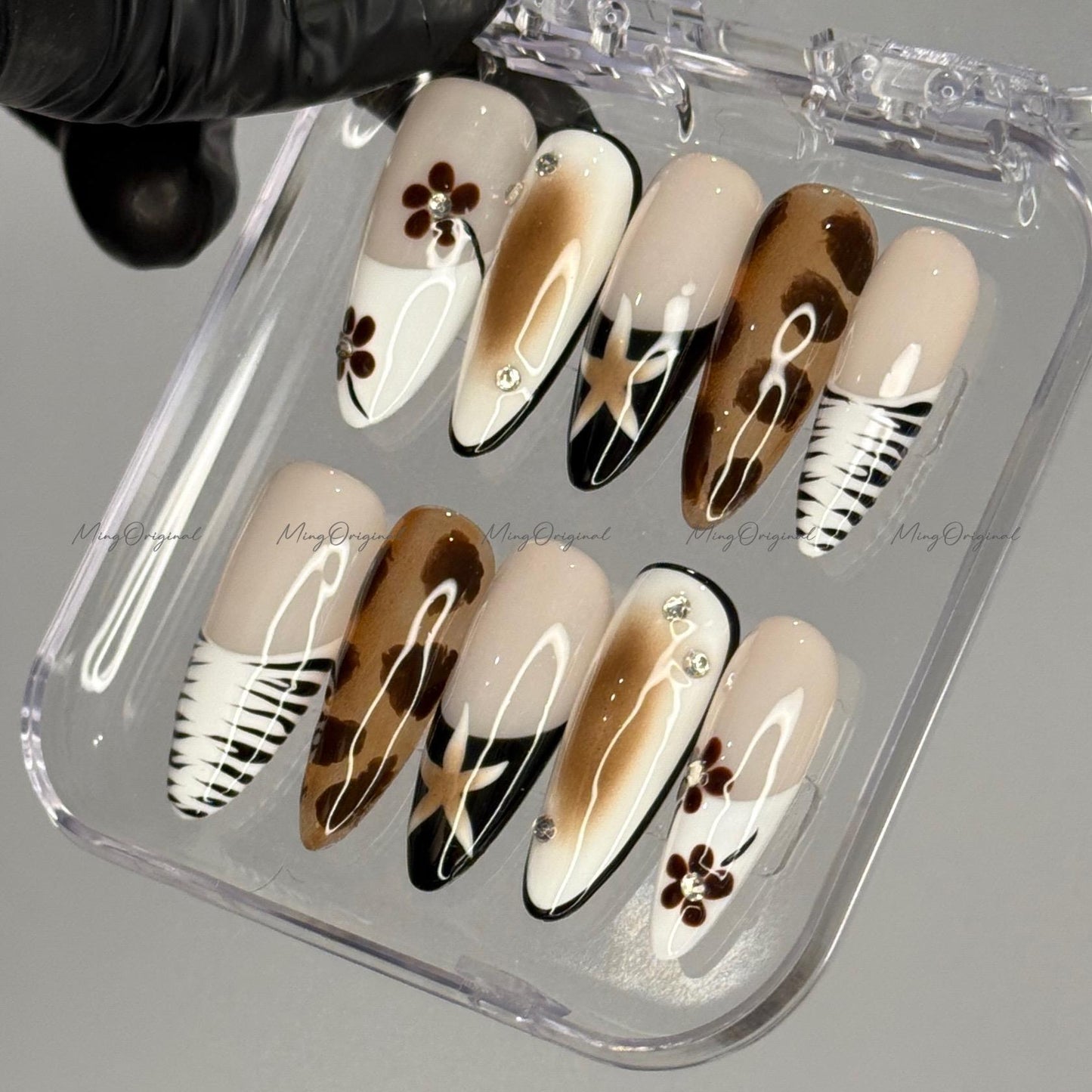 Tortoise shell and flower free style Press on Nails, animal print French tip glue on nail, holiday birthday gift for her,MO412