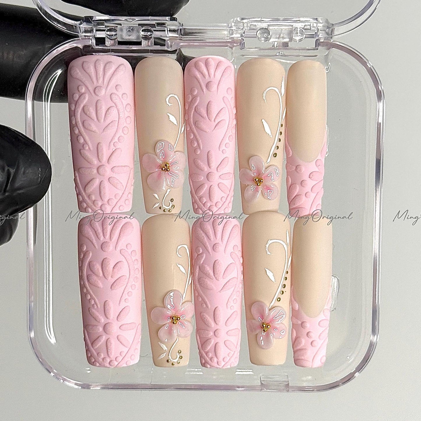 Love in Blossom Pink 3d floral Press on Nails, Romantic Textured Pink patchwork with Handcrafted Flowers, Perfect gift for her MO413