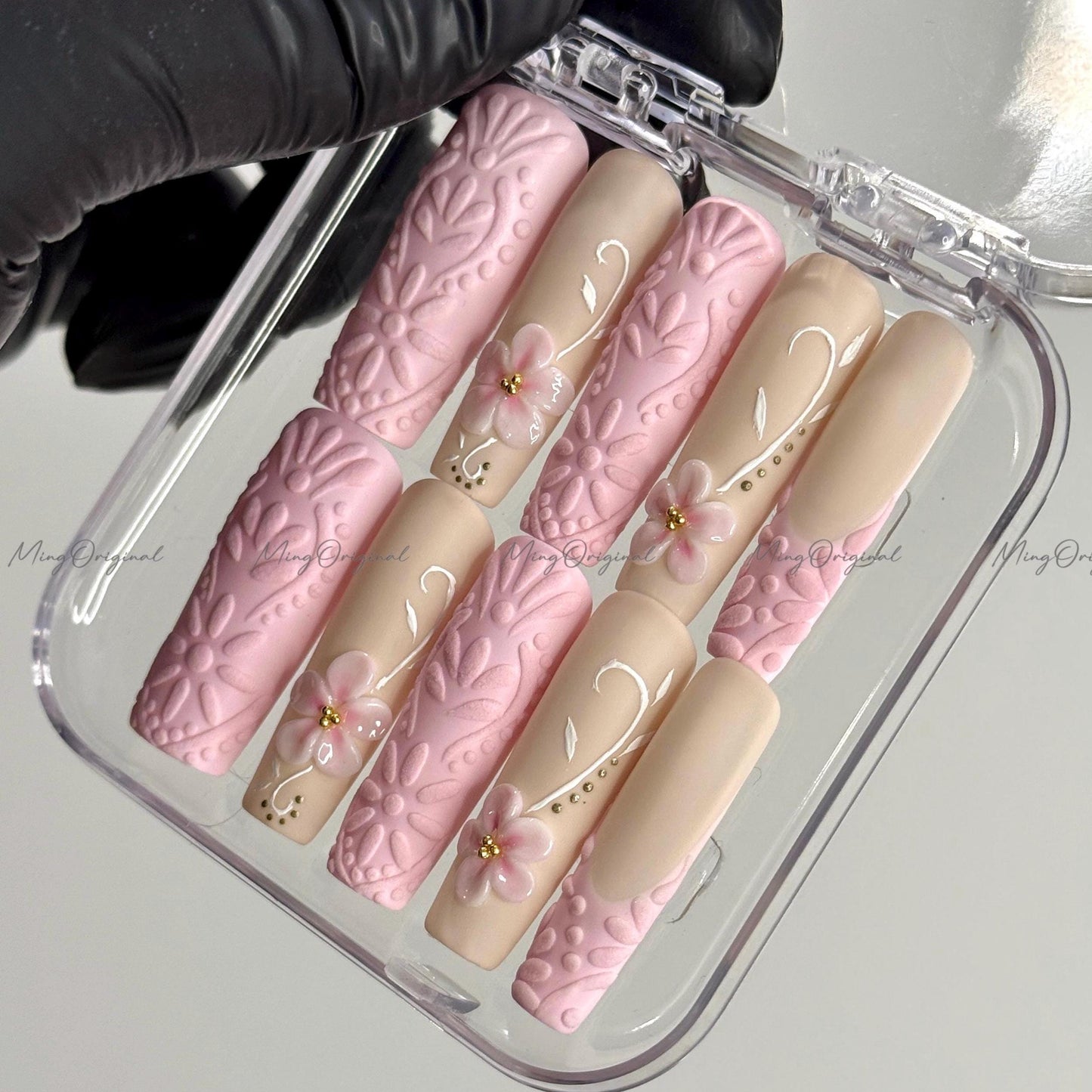 Love in Blossom Pink 3d floral Press on Nails, Romantic Textured Pink patchwork with Handcrafted Flowers, Perfect gift for her MO413