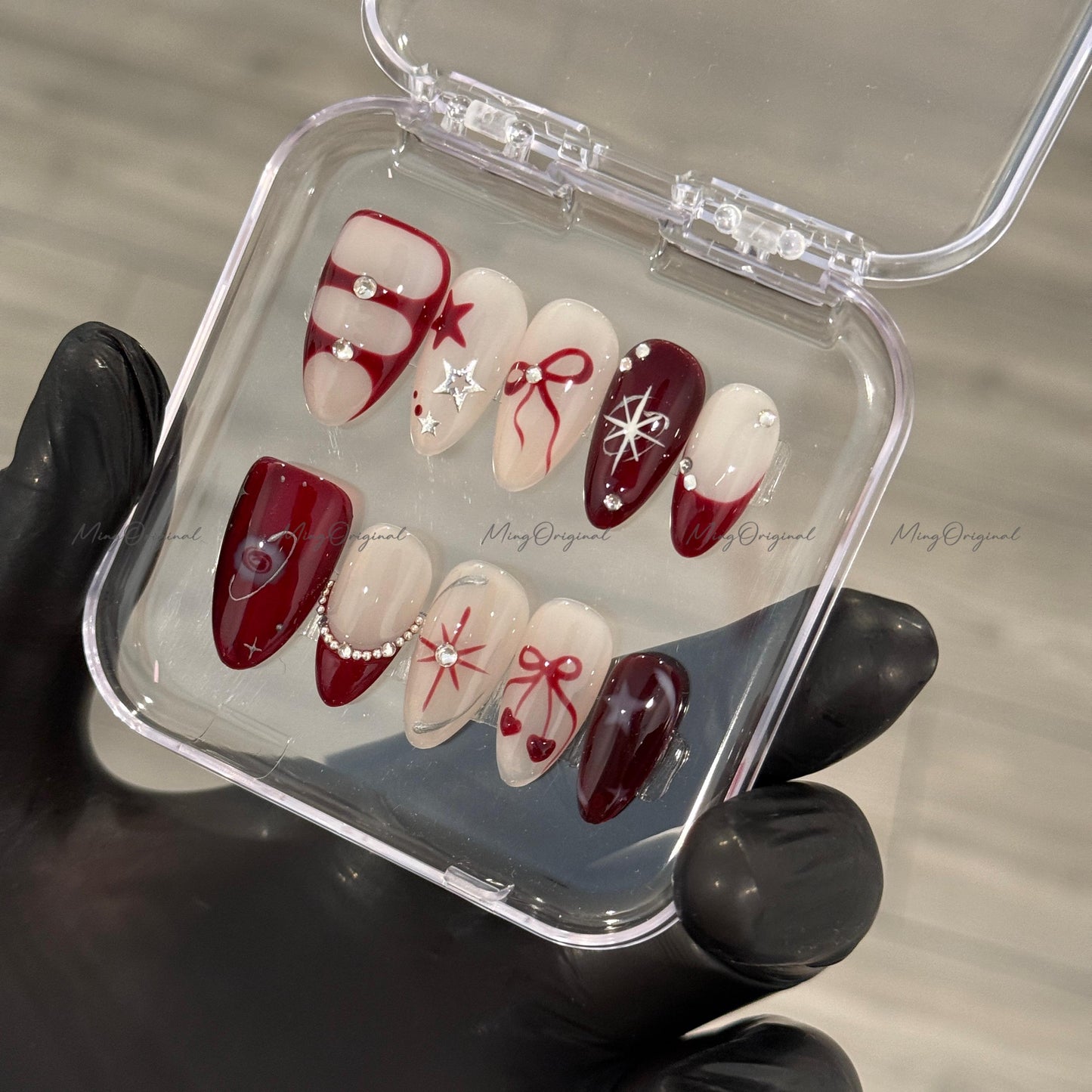 Red bow coquette and star Press on Nails, chrome free style handmade glue on Nails, birthday holiday gift for her, MO420