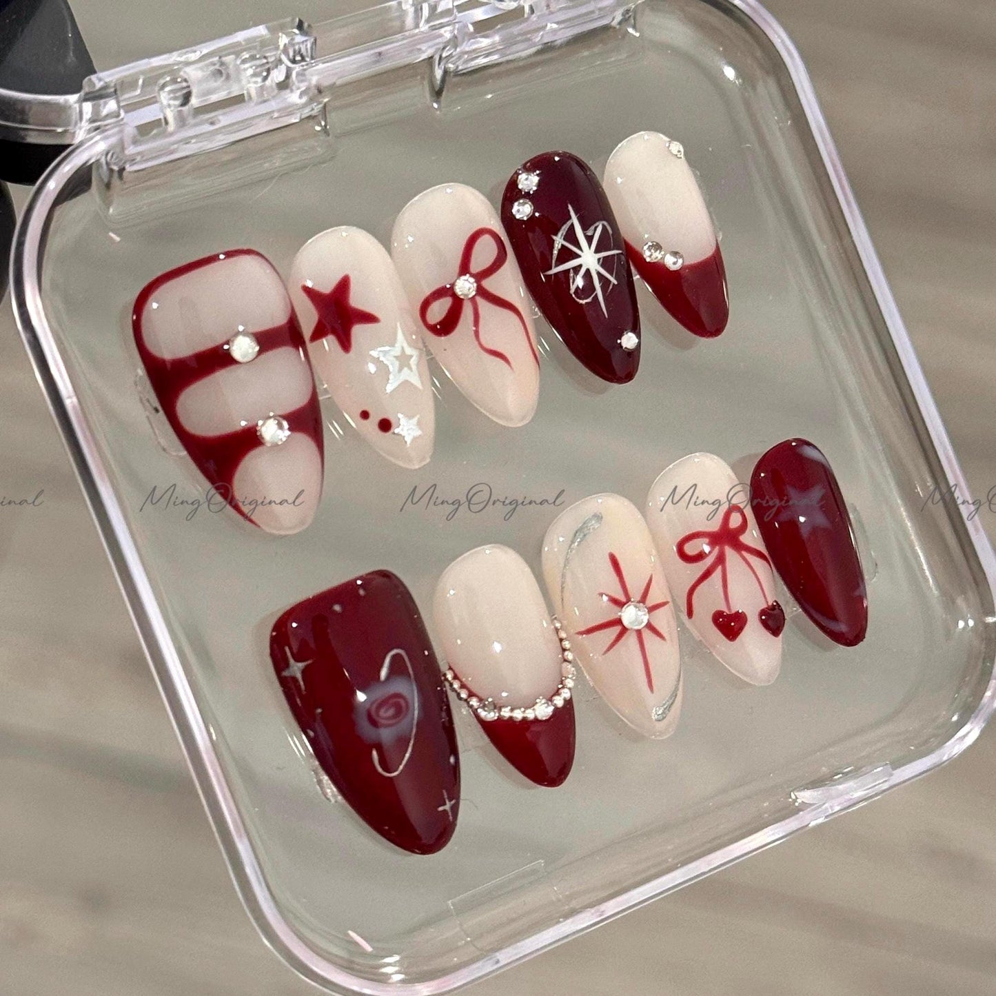 Red bow coquette and star Press on Nails, chrome free style handmade glue on Nails, birthday holiday gift for her, MO420