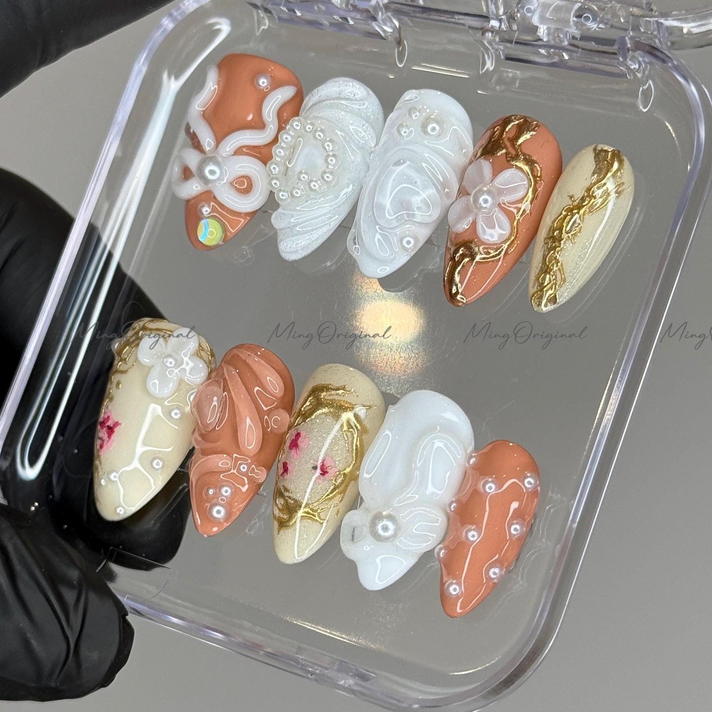 Caramel Bloom | 3D abstract press on nails, pearl accents, gold frame nail art, hand-painted floral details, modern sculptural design,MO489