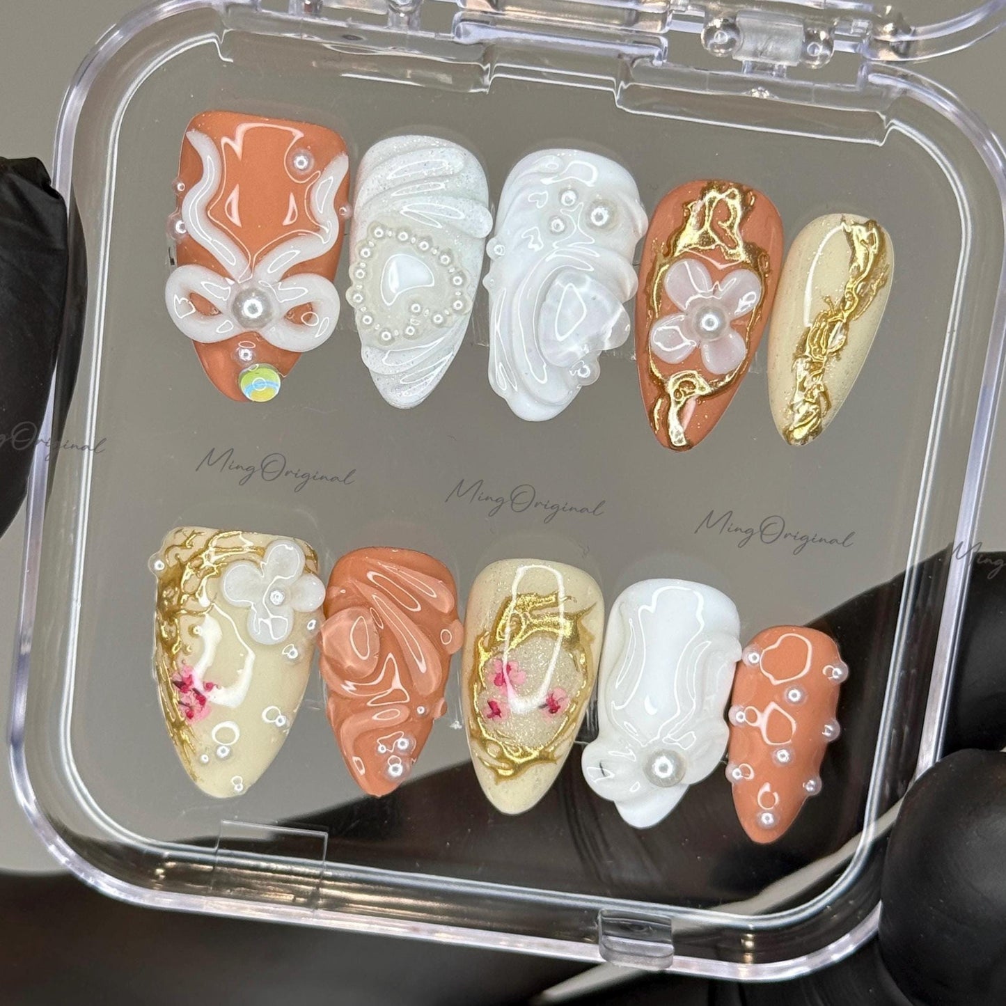 Caramel Bloom | 3D abstract press on nails, pearl accents, gold frame nail art, hand-painted floral details, modern sculptural design,MO489
