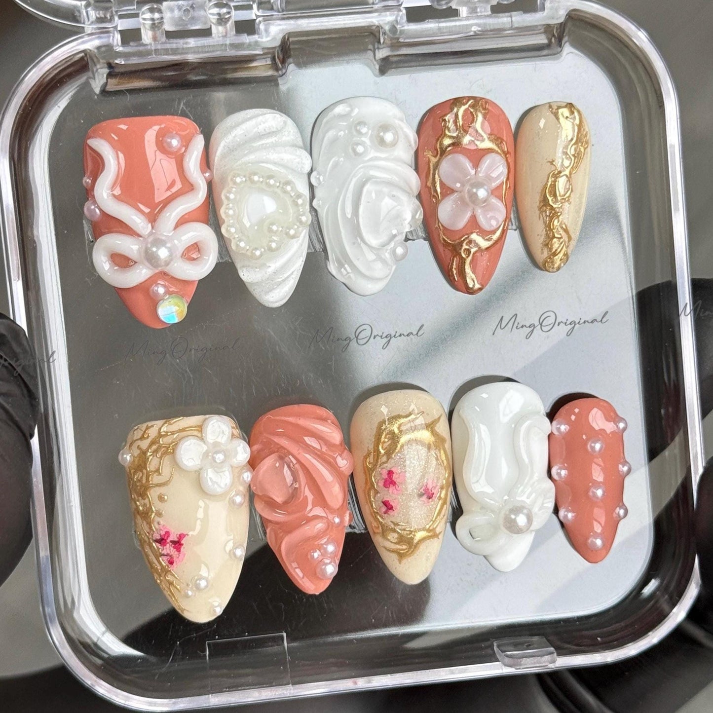 Caramel Bloom | 3D abstract press on nails, pearl accents, gold frame nail art, hand-painted floral details, modern sculptural design,MO489