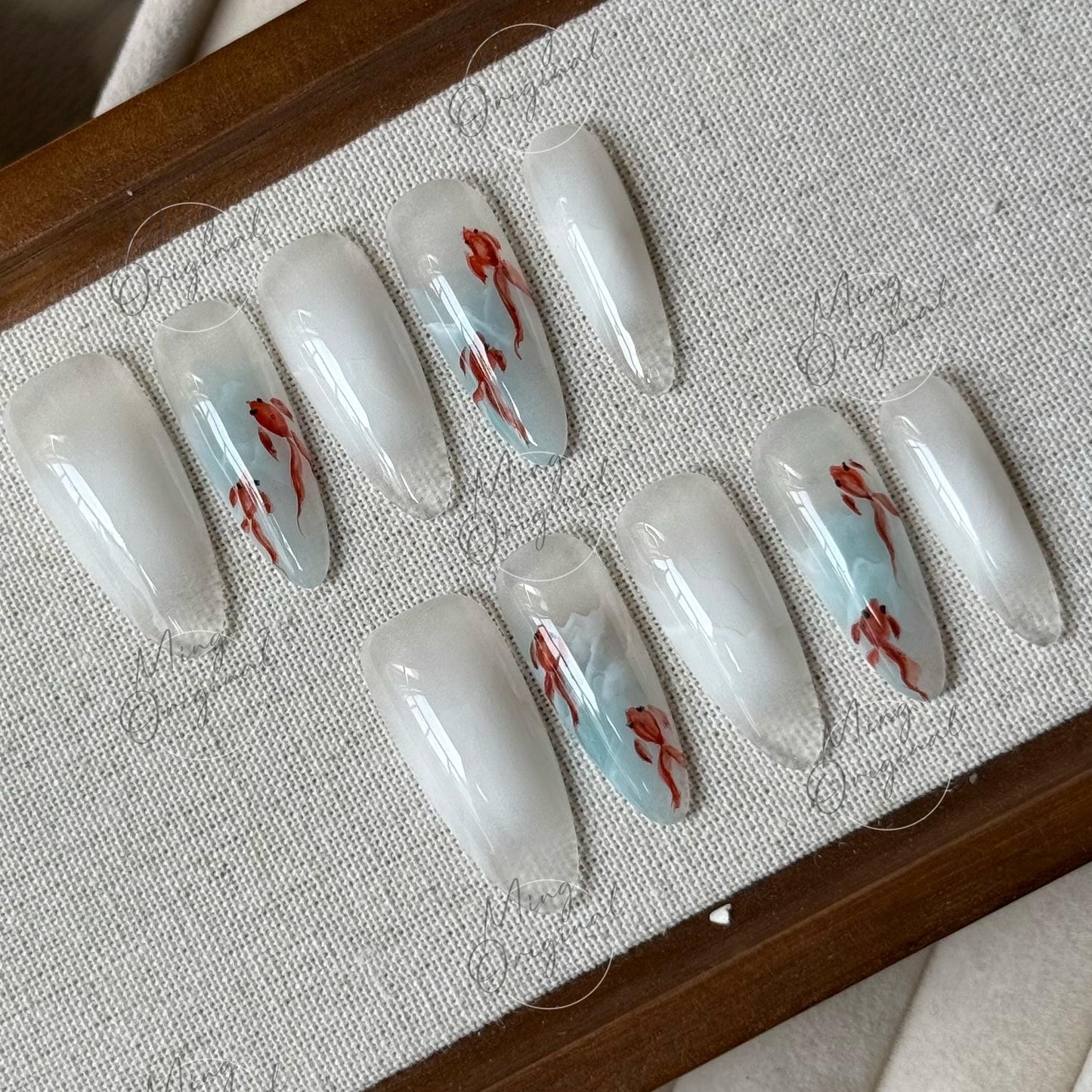 Koi Fish in the Water Press On Nails, Hand-painted water color goldfish nail art, reusable summer aquarium 3D nails,Vacation gift MO492