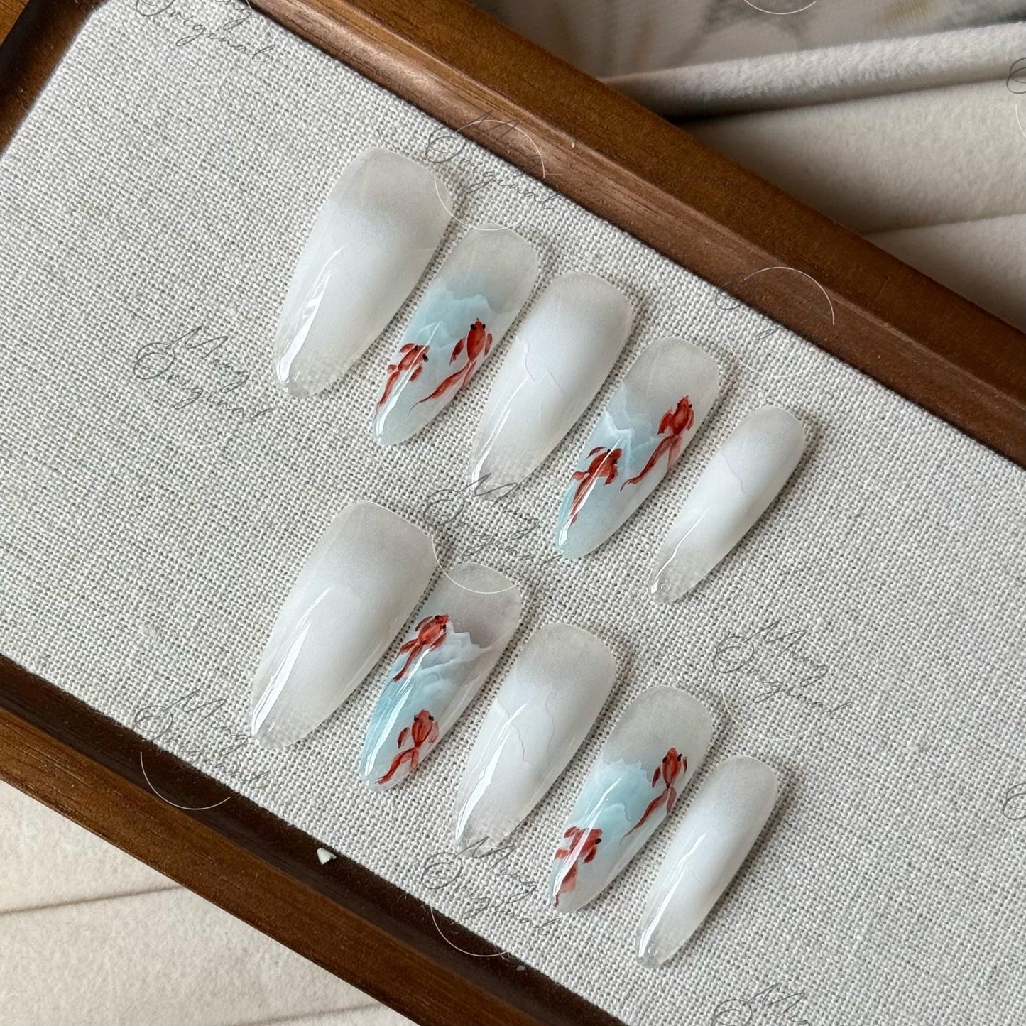Koi Fish in the Water Press On Nails, Hand-painted water color goldfish nail art, reusable summer aquarium 3D nails,Vacation gift MO492