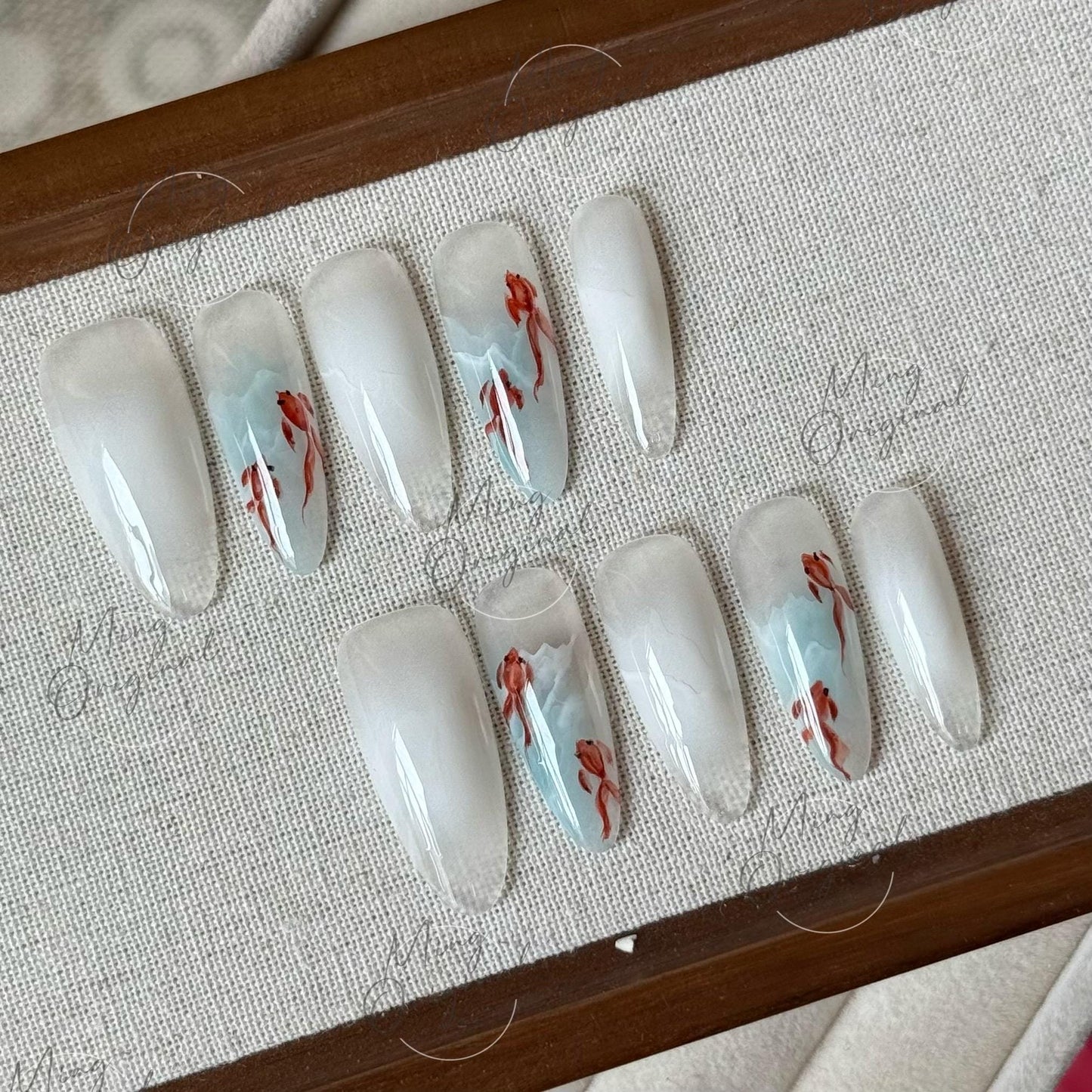 Koi Fish in the Water Press On Nails, Hand-painted water color goldfish nail art, reusable summer aquarium 3D nails,Vacation gift MO492