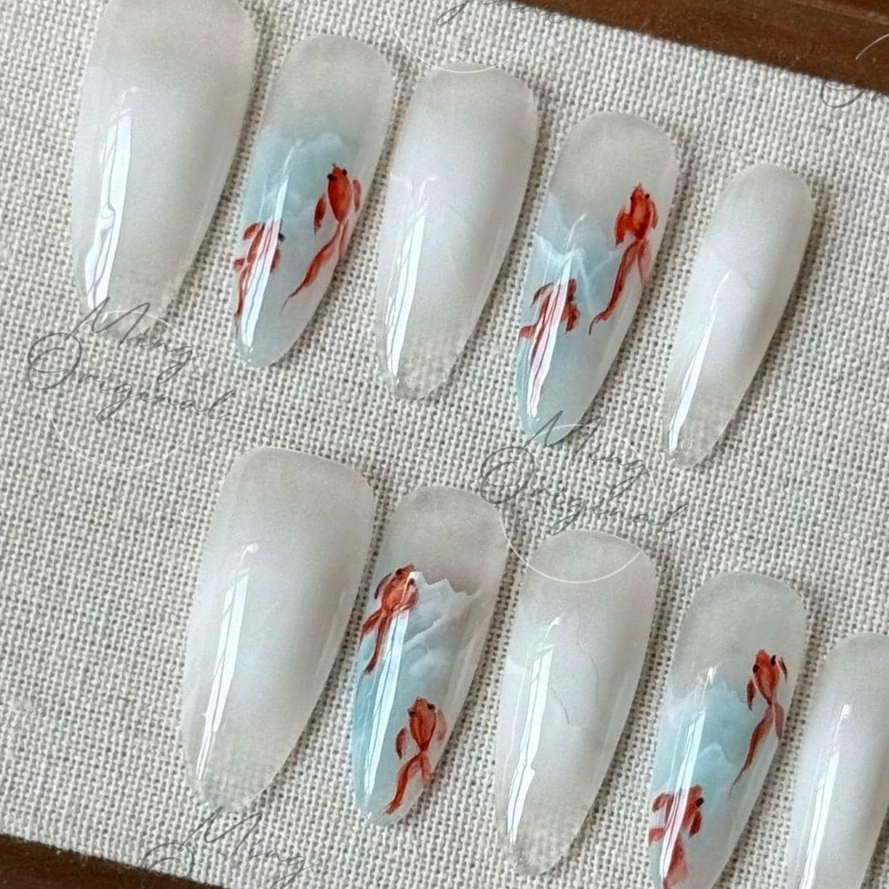 Koi Fish in the Water Press On Nails, Hand-painted water color goldfish nail art, reusable summer aquarium 3D nails,Vacation gift MO492