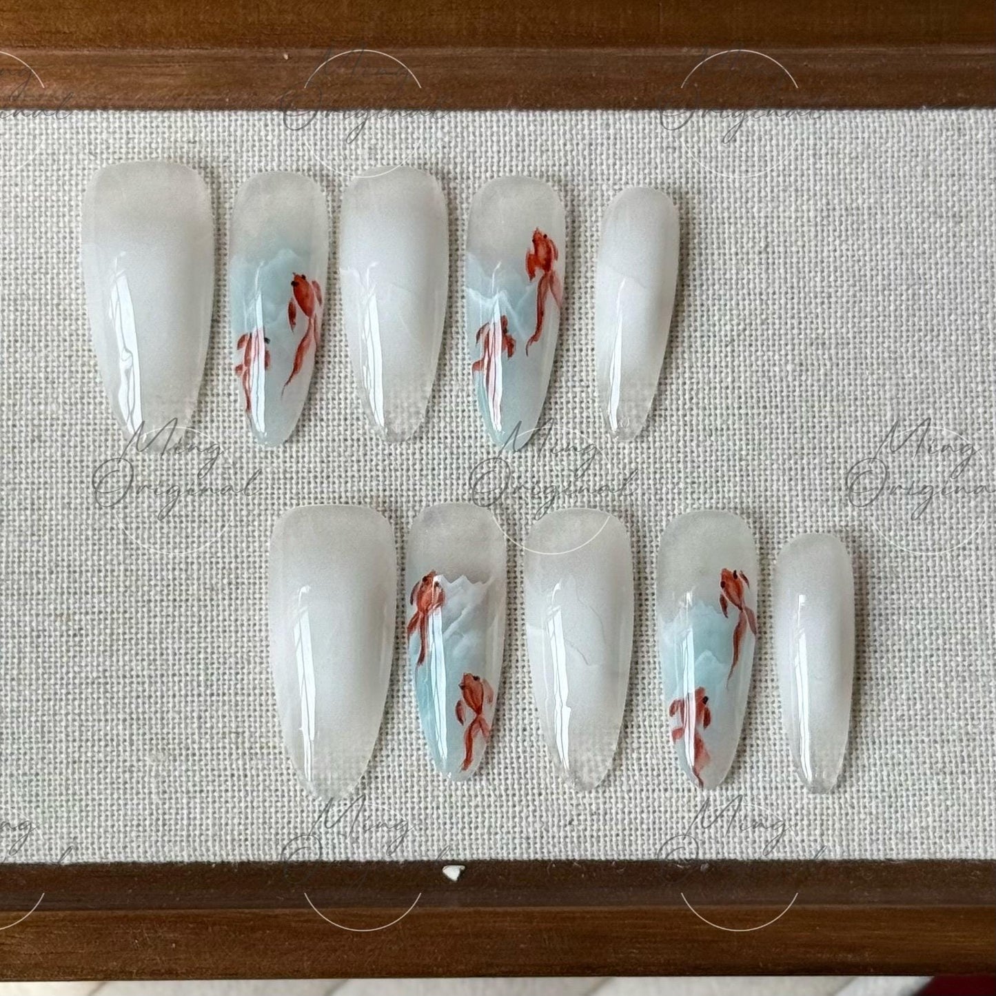 Koi Fish in the Water Press On Nails, Hand-painted water color goldfish nail art, reusable summer aquarium 3D nails,Vacation gift MO492