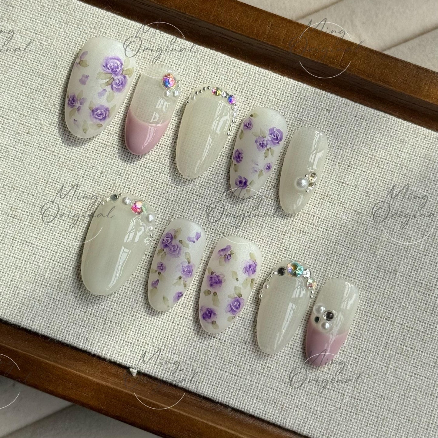 Lavender Garden Press on nails with purple rose nail art, sheer milky base, pearl and AB rhinestone, romantic floral gift for her,MO492