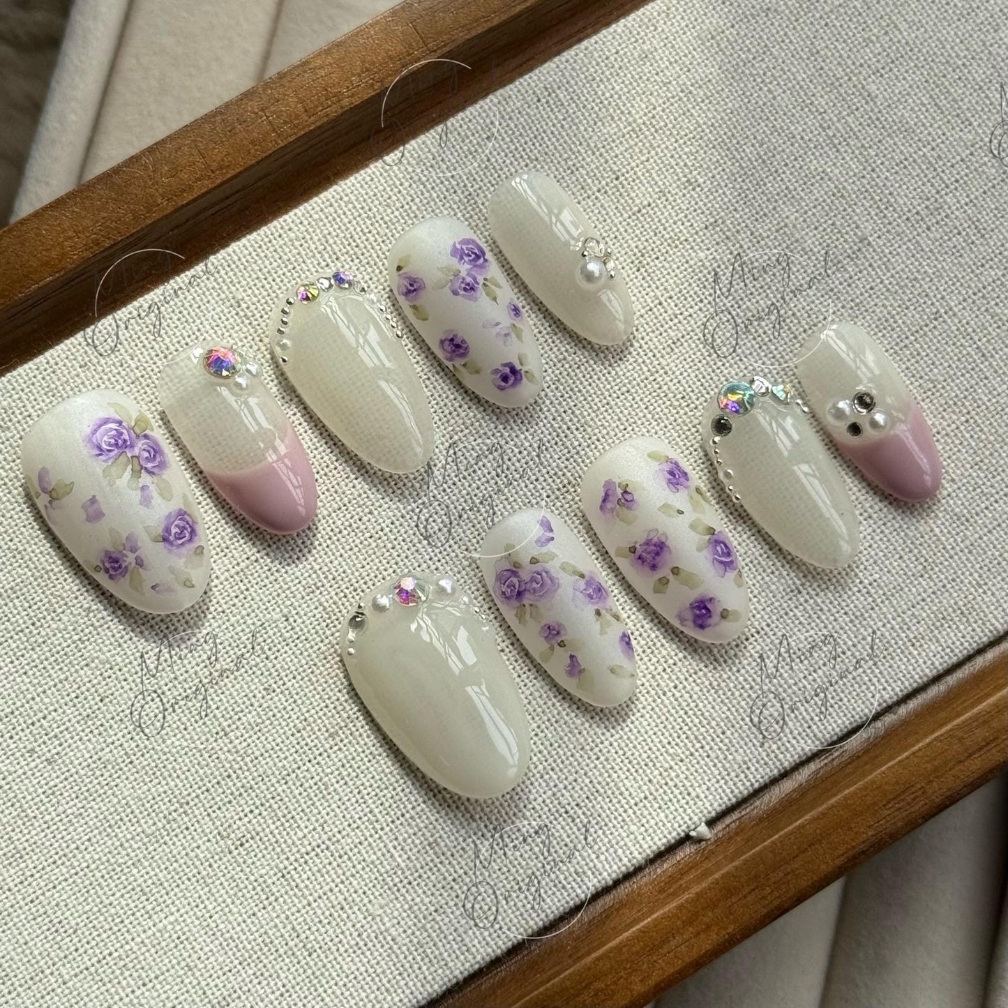 Lavender Garden Press on nails with purple rose nail art, sheer milky base, pearl and AB rhinestone, romantic floral gift for her,MO492
