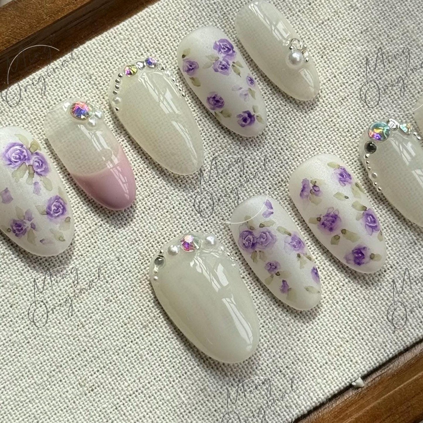 Lavender Garden Press on nails with purple rose nail art, sheer milky base, pearl and AB rhinestone, romantic floral gift for her,MO492