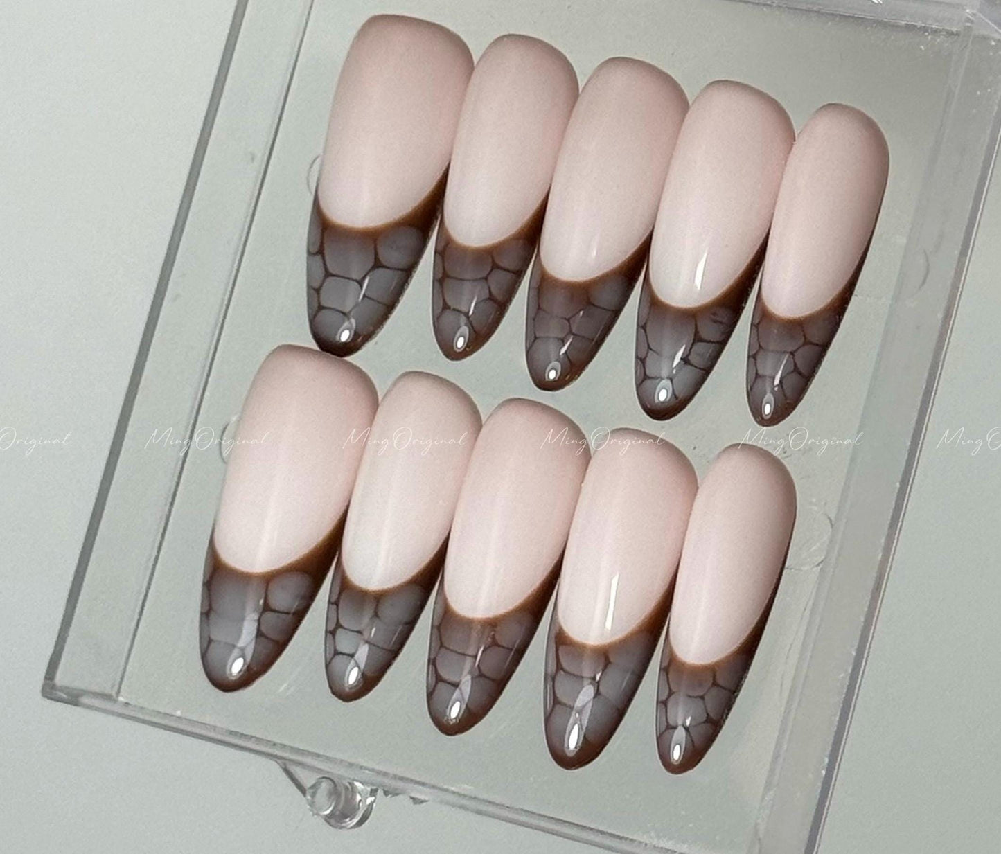 Croc Bloom press on nail, nude base, blooming crocodile French tips, animal print press on nails,MO493