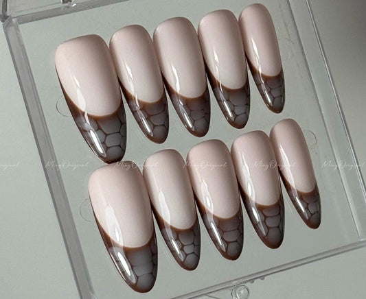 Croc Bloom press on nail, nude base, blooming crocodile French tips, animal print press on nails,MO493
