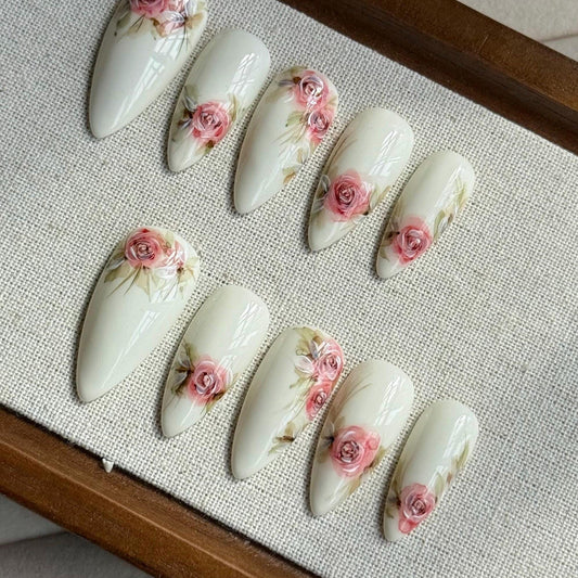 Water color vintage blooming Rose Flower Press on Nail, art nail, Handmade gel Nails, hand painted gift for her, MO494