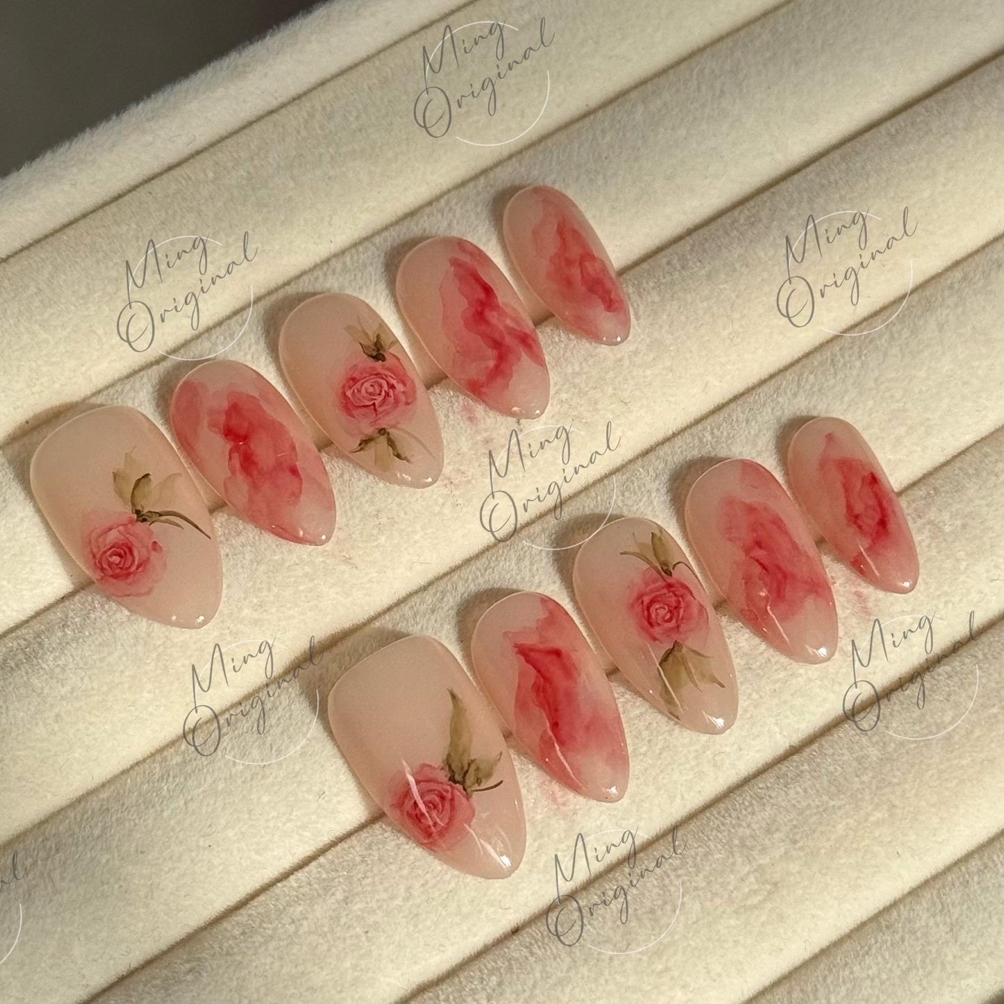 Water color Red Rose Flower art nail, premium salon Press on Nail, Handmade gel Nails, hand painted wedding bridal  floral nail, MO496