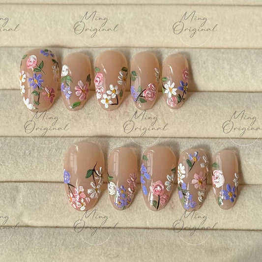 Blooming wild little daisy flower Press on Nails, handpainted oil painting style floral Nails, Handmade Gel Nails, bridal wedding nail,MO497