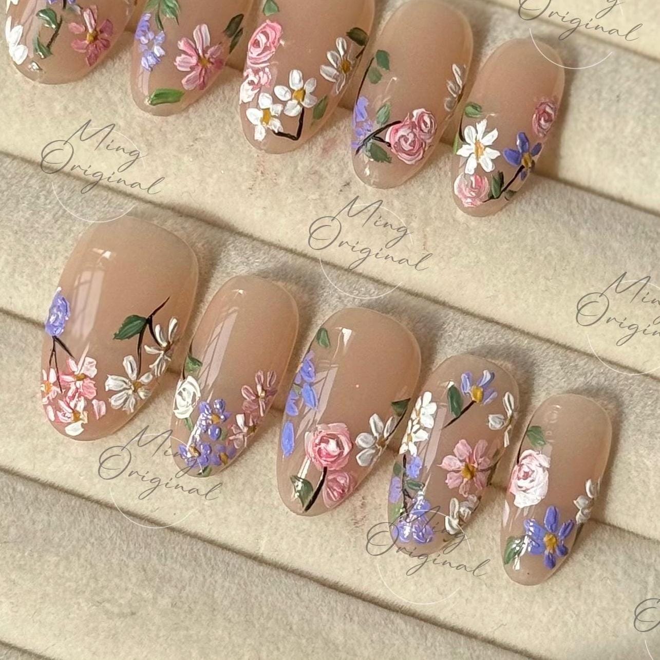 Blooming wild little daisy flower Press on Nails, handpainted oil painting style floral Nails, Handmade Gel Nails, bridal wedding nail,MO497