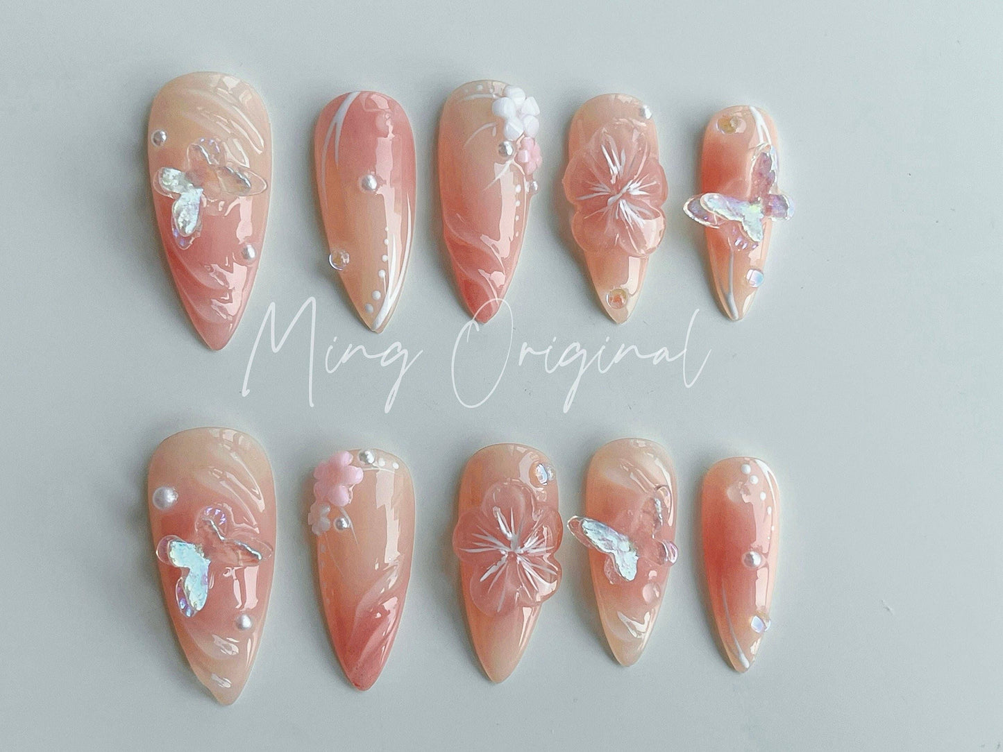 3D sculptured flower Press on Nails, Mermaid Butterfly Nails, Clear Tropical Floral Nails, Jelly Nails