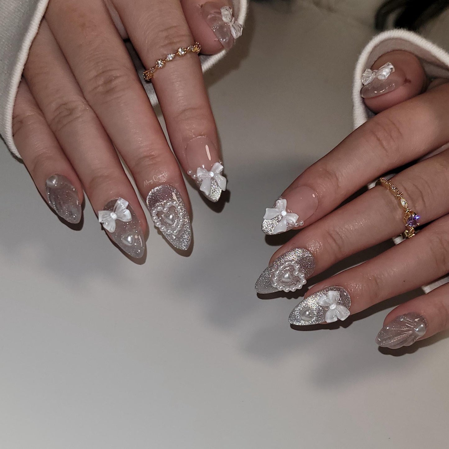Silver cat eye with bow coquette Press on Nails, French Tip, pearls nail, Jelly Nails, birthday holiday gift for her, MO300