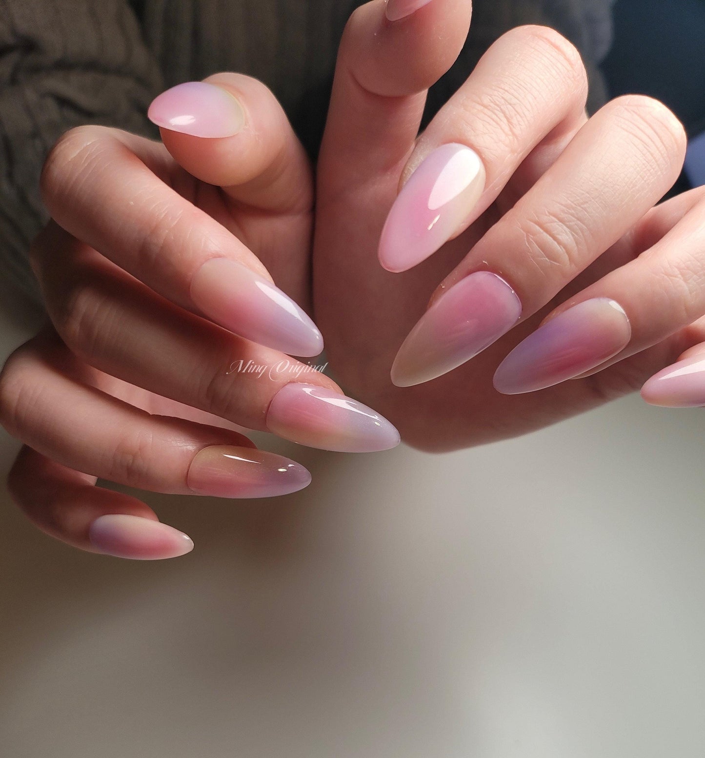 Simple airbrush press on nails, pink purple yellow ombre color reuse nails, jelly fake nails,hand painted candy color bloom nail
