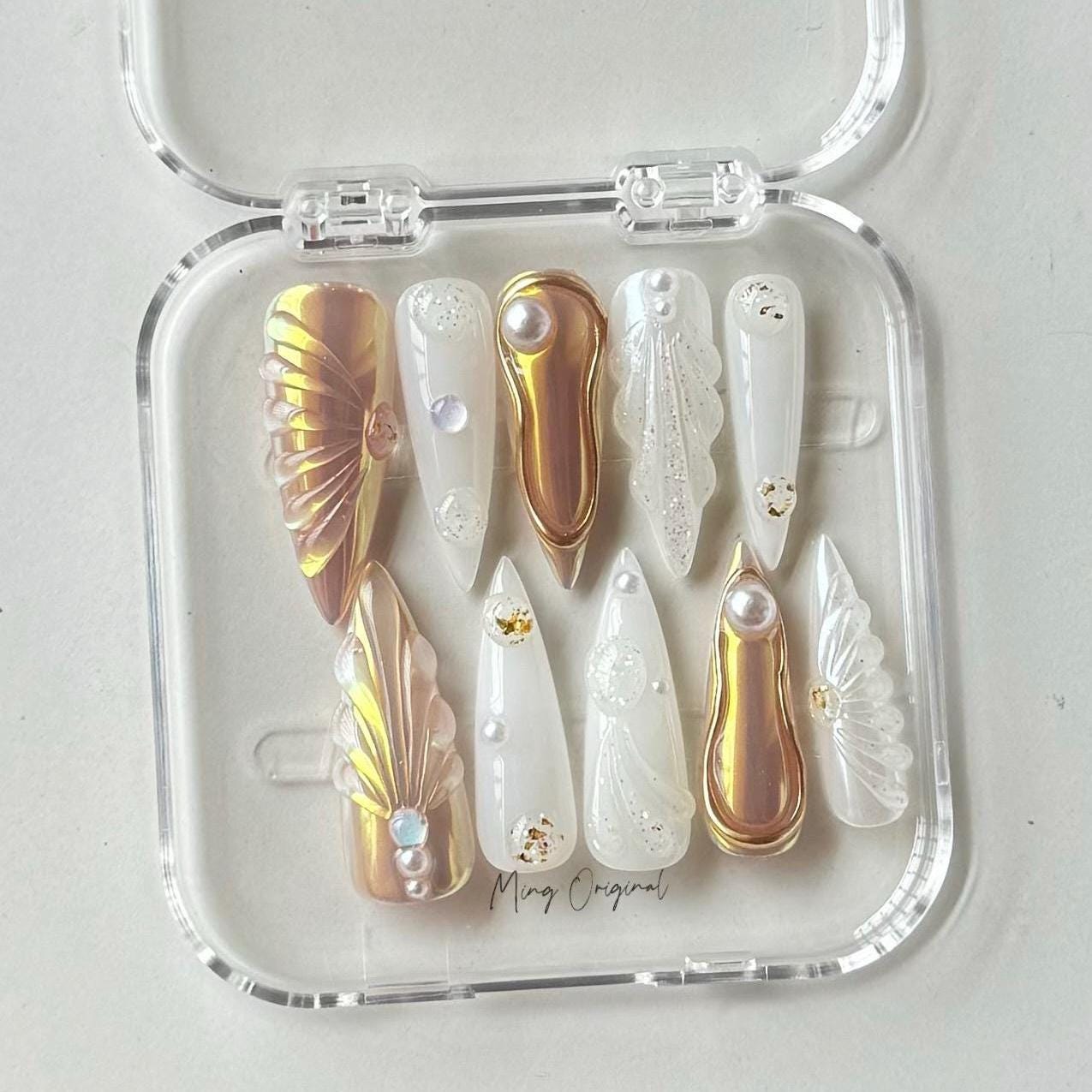 3D Y2K gold aurora Mermaid press on nails, Aura Seashell with pearl reusable nail, jelly fake nail, gift for her