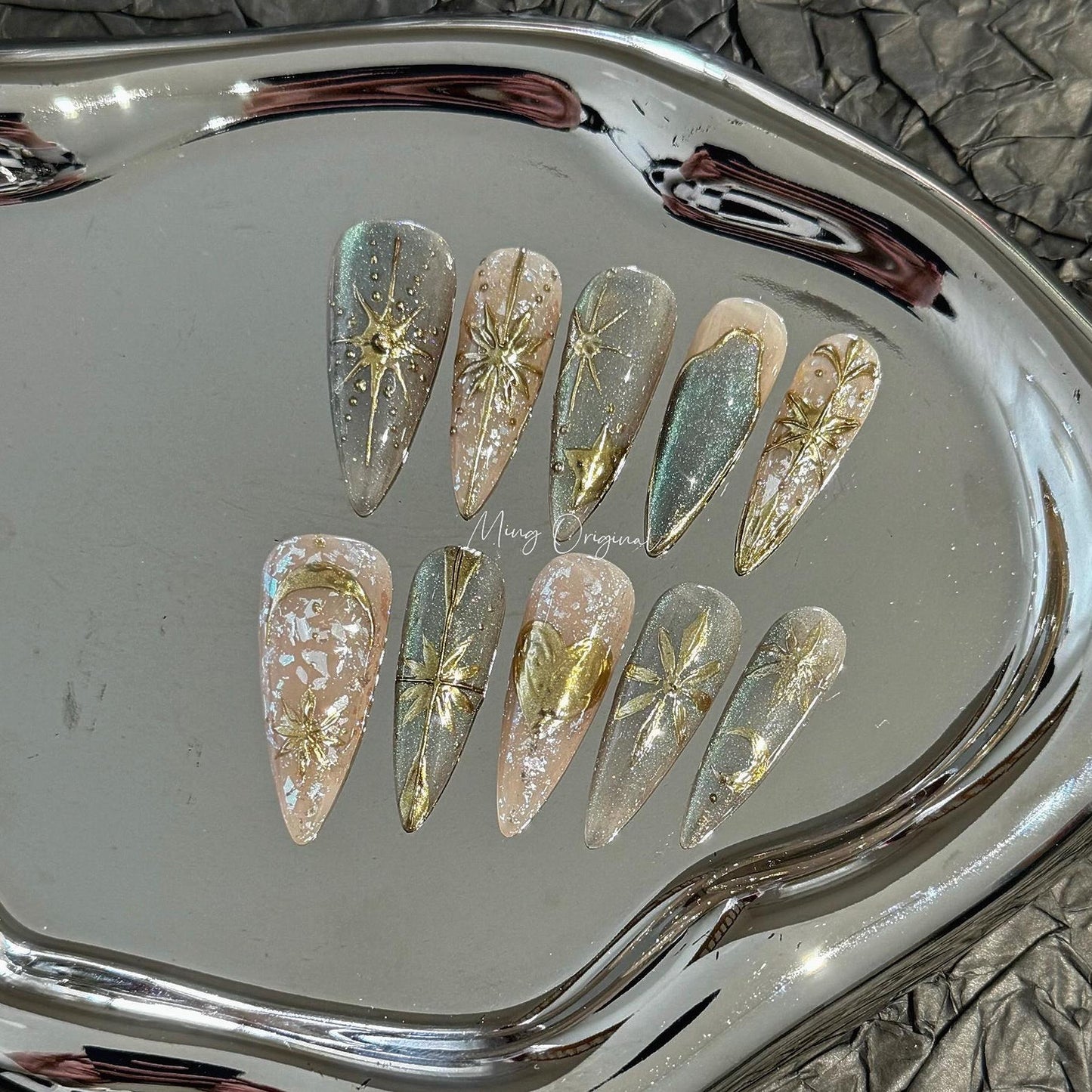 Greek Goddess mystery gold free style cat eye press on nails, heart and Star moon nail, nude jelly fake nail, birthday gift for her,MO345